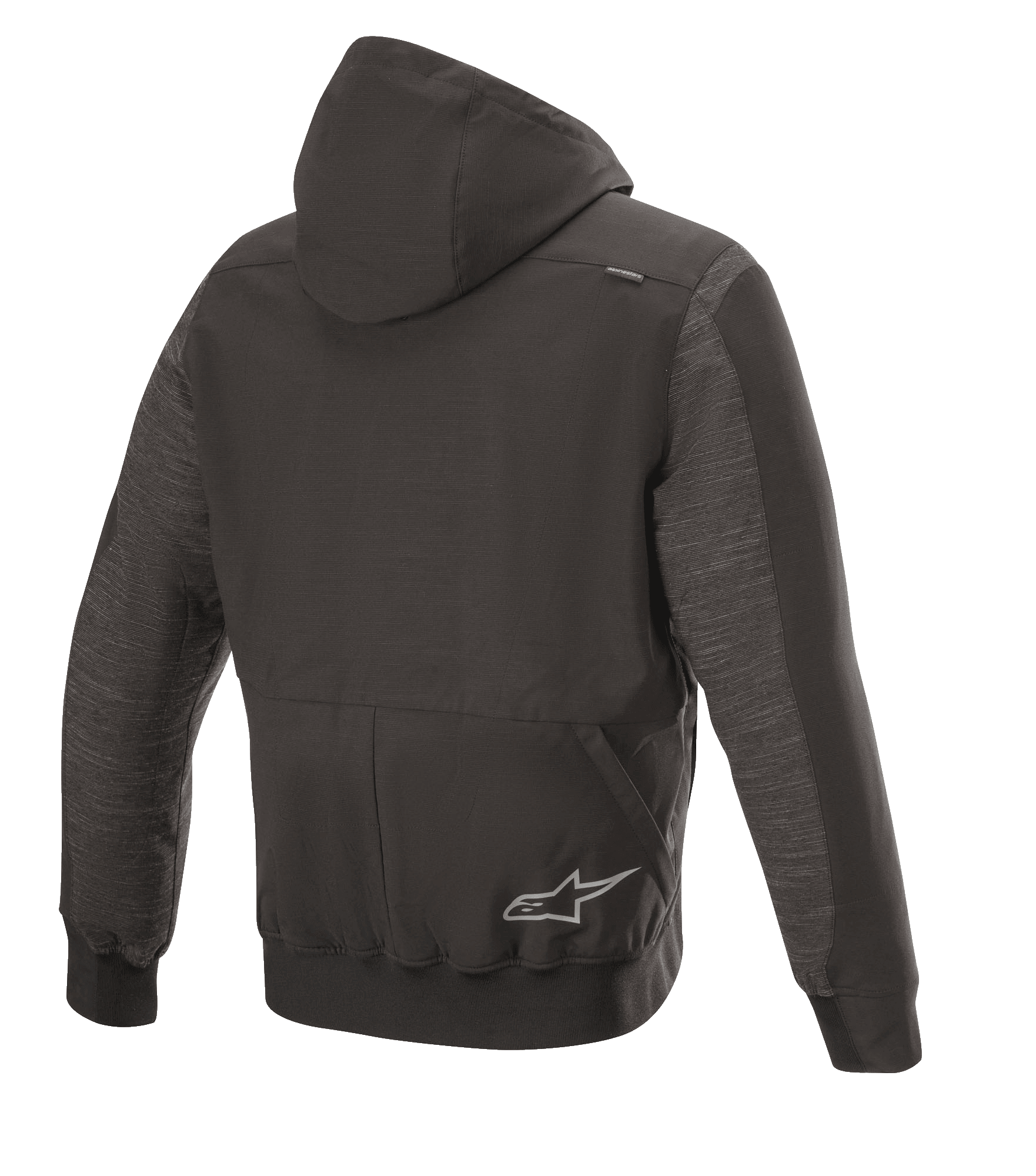 Alpinestars Rhod Windstopper Hoodie, urbane Motorradjacke, Schwarz Melange, Rückansicht mit abnehmbarer Kapuze, gerippten Bündchen und Saum sowie einem dezenten Stern-Logo auf der Rückseite.