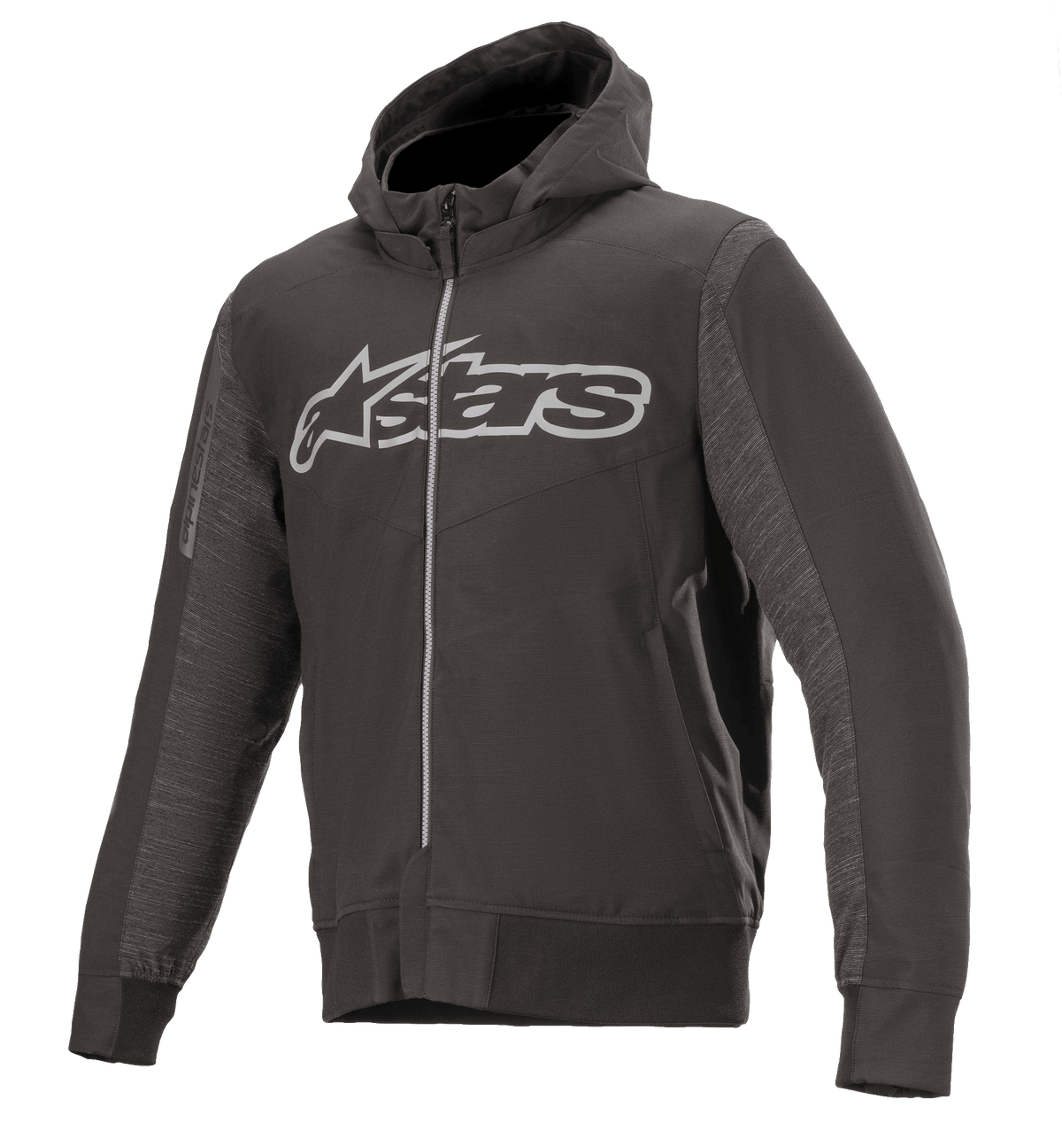 Alpinestars Rhod Windstopper Hoodie, Melange Black and Dark Gray, Large Light Gray Astars Logo on Chest, Full-Zip Hooded Motorcycle Jacket, Textured Side Panels, Ribbed Cuffs and Waistband, Urban Protective Riding Gear