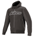 Alpinestars Rhod Windstopper Hoodie, Melange-Schwarz und Dunkelgrau, großes hellgraues Astars-Logo auf der Brust, Motorradjacke mit Kapuze und durchgehendem Reißverschluss, strukturierte Seiteneinsätze, gerippte Bündchen und Taillenbund, urbane Schutzausrüstung