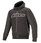 Alpinestars Rhod Windstopper Hoodie, Melange-Schwarz und Dunkelgrau, großes hellgraues Astars-Logo auf der Brust, Motorradjacke mit Kapuze und durchgehendem Reißverschluss, strukturierte Seiteneinsätze, gerippte Bündchen und Taillenbund, urbane Schutzausrüstung