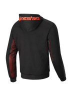 Alpinestars Chrome Air Sport Hoodie, men's motorcycle riding hoodie, rear view showing black tech fleece construction, red fluo mesh side panels and under sleeves, and large Alpinestars branding across the hood, CE certified class A