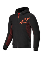 Alpinestars Chrome Air Sport Hoodie, CE Certified Motorcycle Jacket for Urban Riding, Black and Red Fluo, featuring tech fleece construction, airflow mesh panels, and aramidic reinforcements