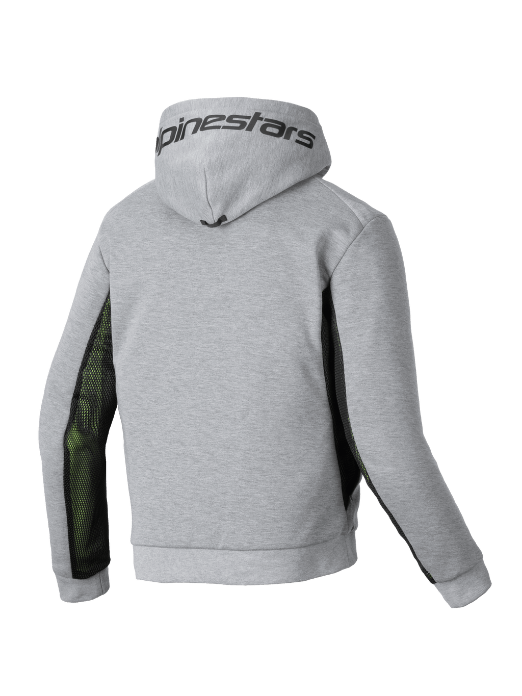 Alpinestars Chrome Air Sport Kapuzenjacke, Herren-Motorrad-Kapuzenjacke, Rückansicht in Grau und Schwarz mit Airflow-Mesh-Seitenbahnen und Alpinestars-Branding auf der Kapuze.