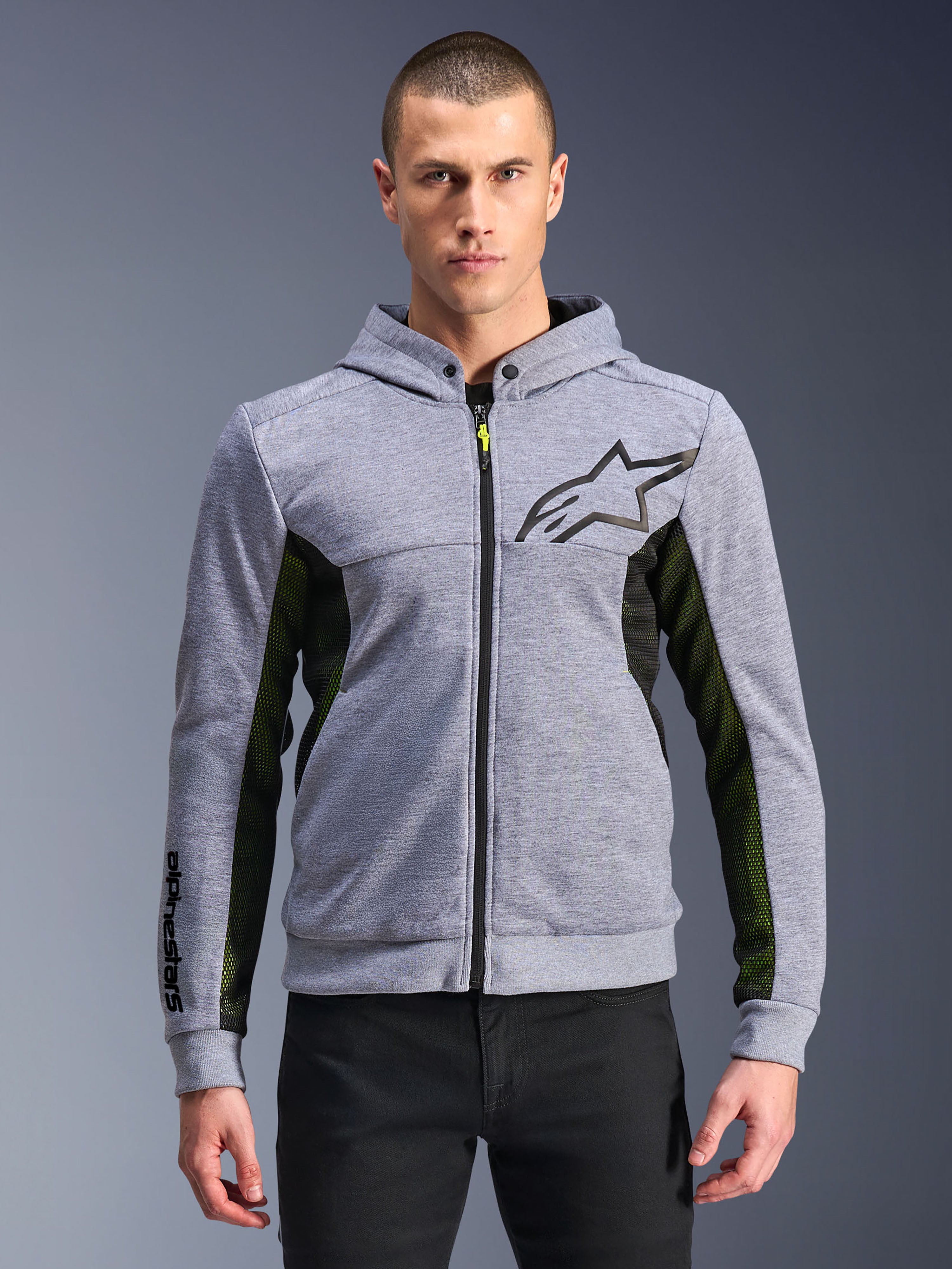 Alpinestars Chrome Air Sport Hoodie, Gray Heather and Black, full-zip urban riding hoodie with black star logo, prominent black and yellow mesh side panels, motorsport-inspired casual streetwear