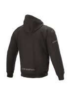 Alpinestars Sektor Tech V2 Hoodie, black urban motorcycle jacket with wind-resistant shell and 3D shoulder inserts, back view.