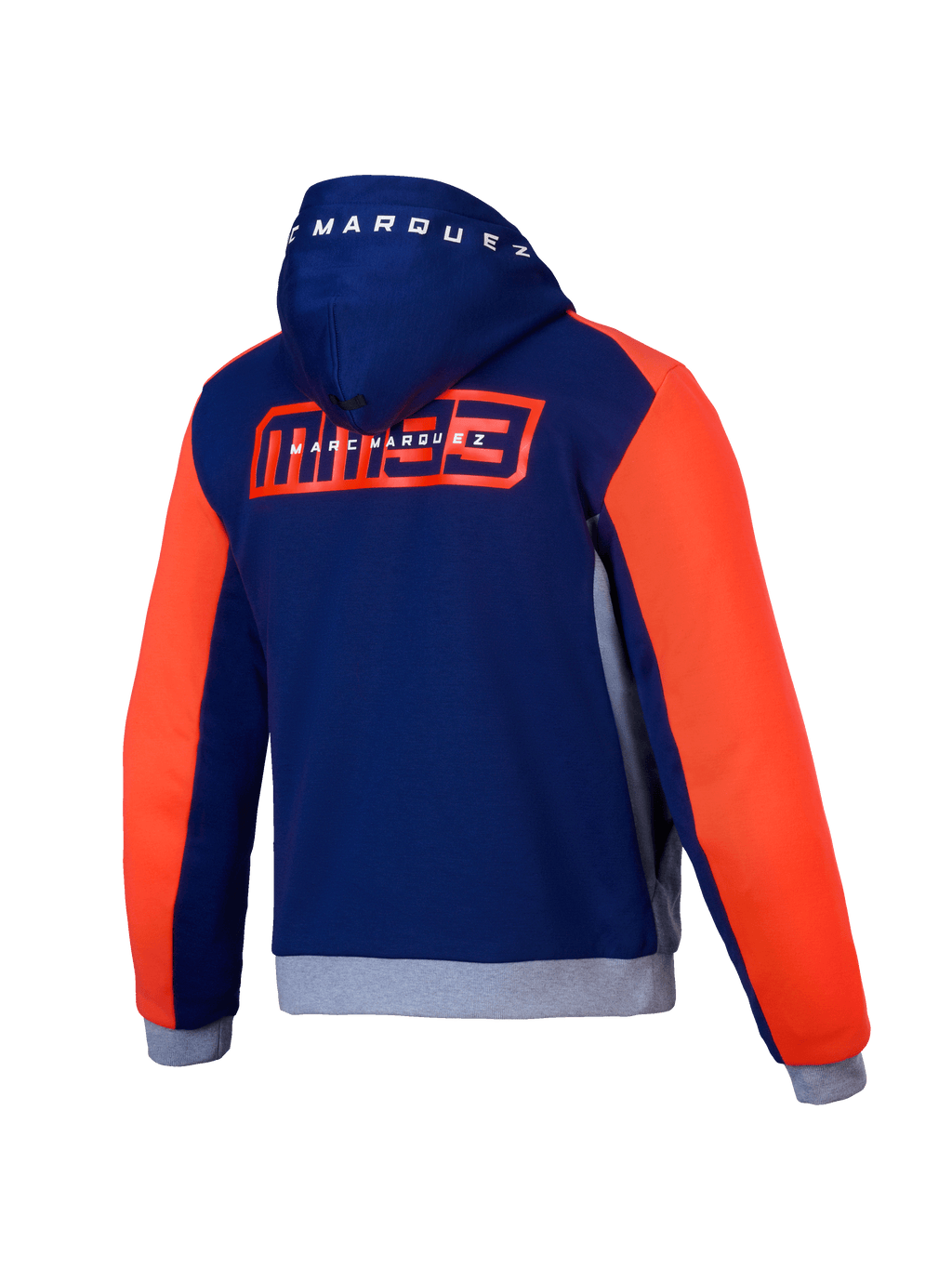 Alpinestars MM93 Chrome V2 Sport Kapuzenjacke, Motorrad-Kapuzenjacke, Rückansicht in Blau, Marineblau, Grau und Rot mit Marc-Marquez-Grafik und CE-Zertifizierung