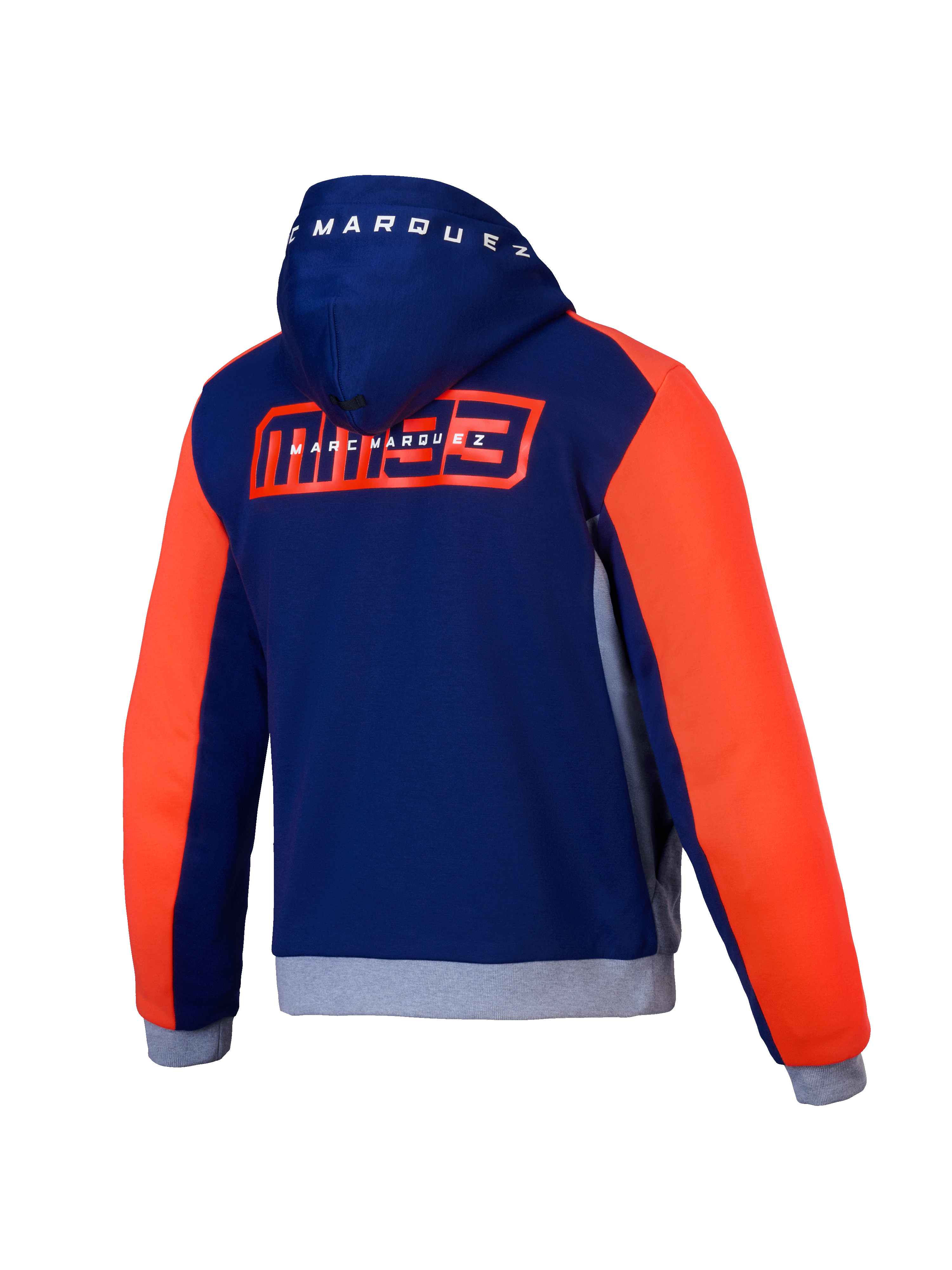 Alpinestars MM93 Chrome V2 Sport Kapuzenjacke, Motorrad-Kapuzenjacke, Rückansicht in Blau, Marineblau, Grau und Rot mit Marc-Marquez-Grafik und CE-Zertifizierung