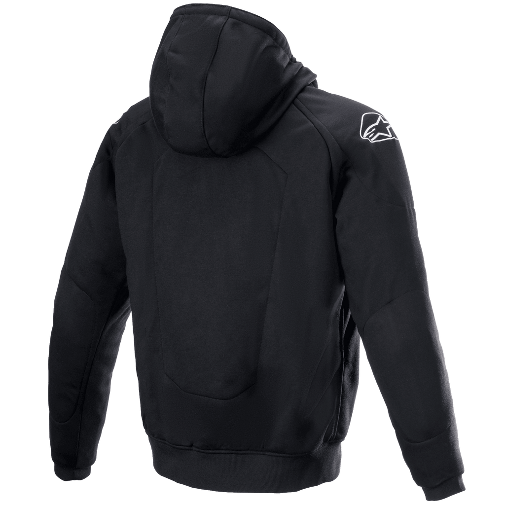 Alpinestars Chrome Ignition Hoodie, back view, black textile motorcycle hoodie, white Alpinestars logo on the right shoulder, casual urban protective riding gear with reinforced back and elbow panels