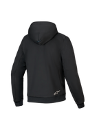 Alpinestars Honda Chrome V3 Sport Hoodie, Schwarz, Rückansicht des Motorrad-Hoodies, Tech-Fleece-Konstruktion, Kapuze mit Druckknopfverbindung, gerippte Bündchen und Saum, kleines weißes Alpinestars-Logo am unteren Rücken