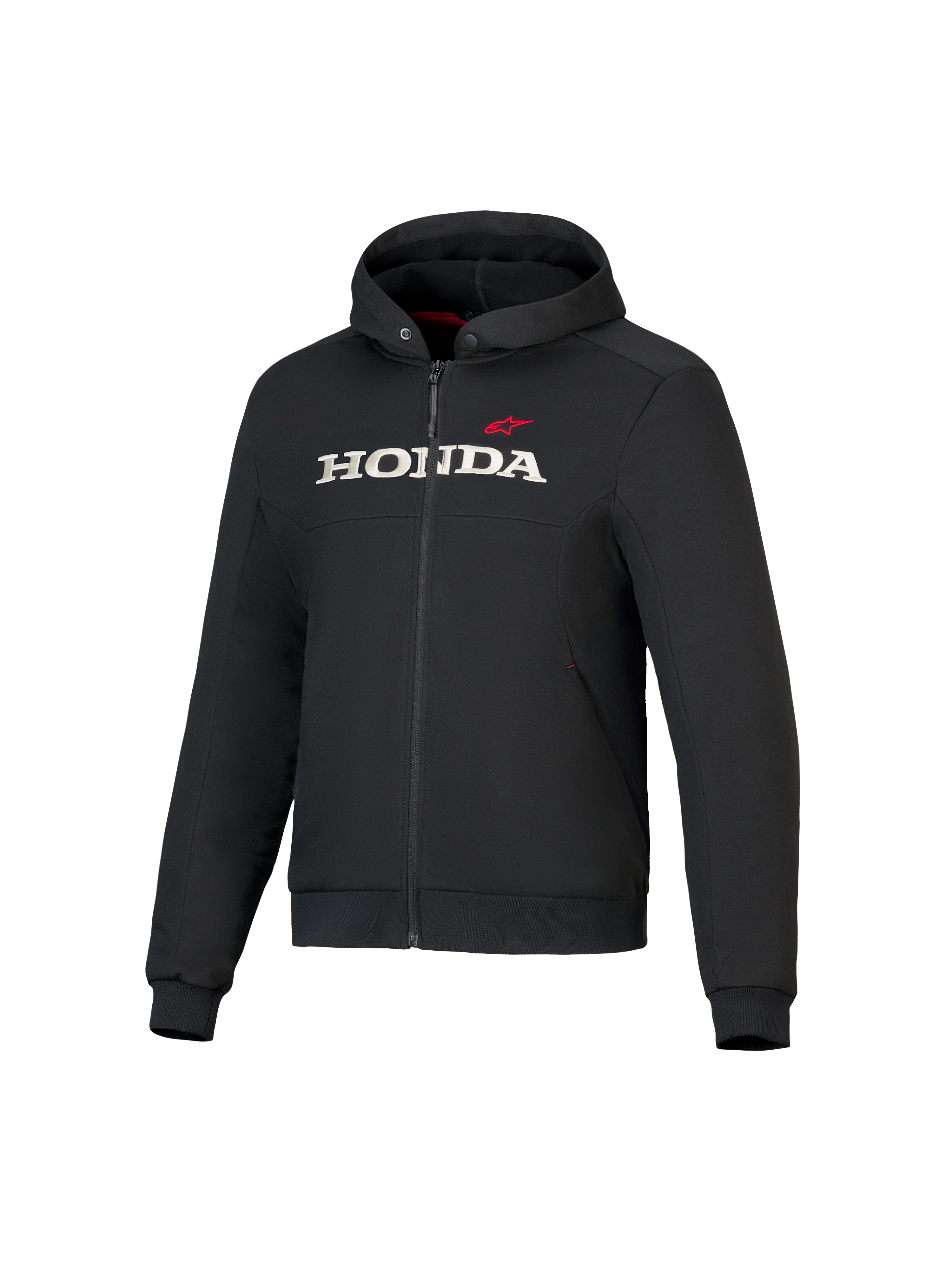 Alpinestars Honda Chrome V3 Sport Hoodie, schwarze Kapuzenjacke mit Front-Reißverschluss, weißes HONDA-Logo und roter Alpinestars-Stern auf der Brust, lange Ärmel mit Rippbündchen, rotes Kapuzenfutter, urbane Motorradbekleidung