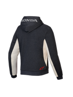 Alpinestars Honda Chrome V3 Sport Hoodie, urbaner Motorrad-Hoodie, Anthrazit-Melange und Off-White, Rückansicht mit silbernem Honda-Logo auf der Kapuze und rotem Alpinestars-Sternlogo am unteren Rücken, Tech-Fleece-Konstruktion