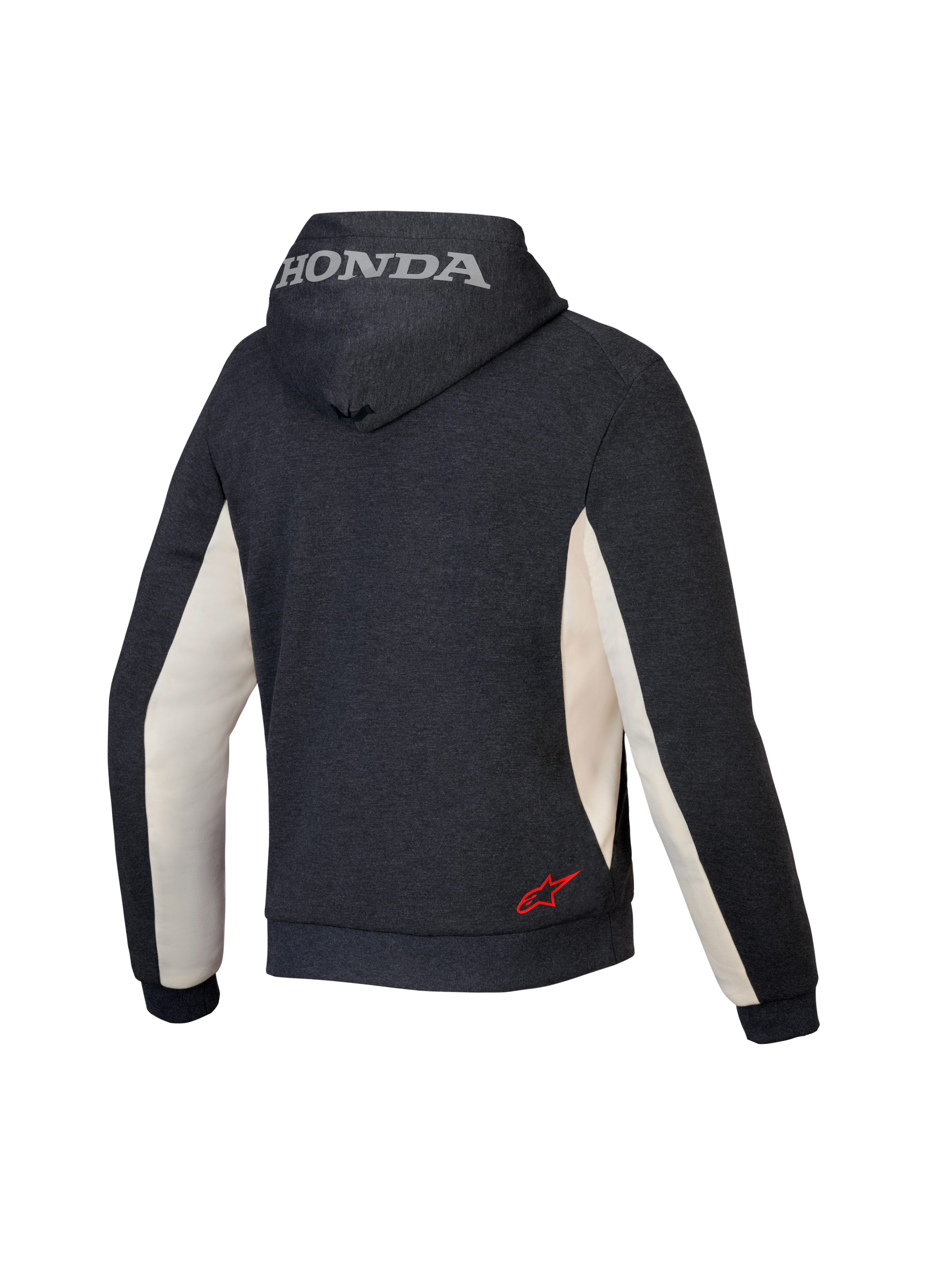 Alpinestars Honda Chrome V3 Sport Hoodie, urbaner Motorrad-Hoodie, Anthrazit-Melange und Off-White, Rückansicht mit silbernem Honda-Logo auf der Kapuze und rotem Alpinestars-Sternlogo am unteren Rücken, Tech-Fleece-Konstruktion