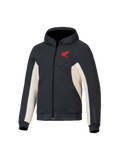 Alpinestars Honda Chrome V3 Sport Hoodie, Anthrazit Melange und Off-White, rotes Honda Wing-Logo auf der Brust, Tech-Fleece mit durchgehendem Reißverschluss, Kapuze mit Druckknopf und gerippten Bündchen, lässige urbane Motorradbekleidung