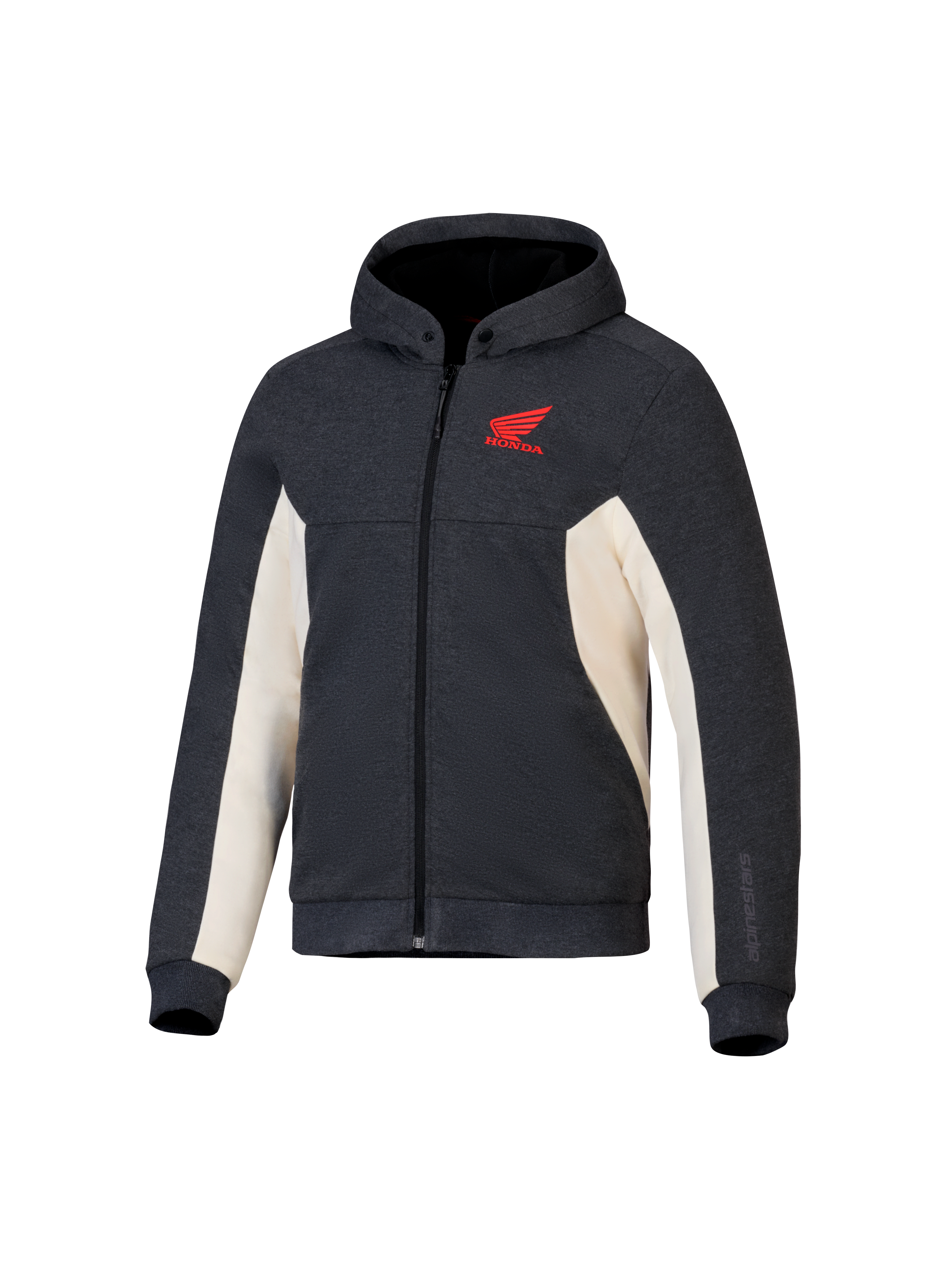 Alpinestars Honda Chrome V3 Sport Hoodie, Anthrazit Melange und Off-White, rotes Honda Wing-Logo auf der Brust, Tech-Fleece mit durchgehendem Reißverschluss, Kapuze mit Druckknopf und gerippten Bündchen, lässige urbane Motorradbekleidung