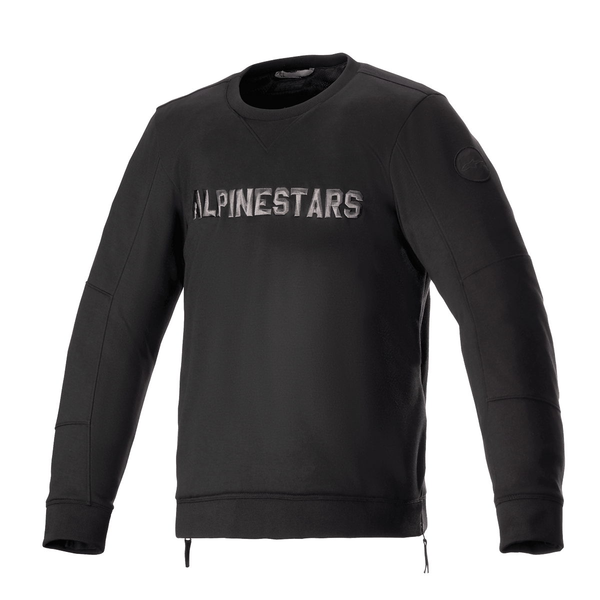Alpinestars Legit Crew Fleece, Urbane Motorradjacke, Schwarz und Cool Gray, Pullover mit Rundhalsausschnitt und metallischem Brustlogo, seitliche Reißverschlüsse, gerippte Bündchen und Saum, lässige Fahrausrüstung