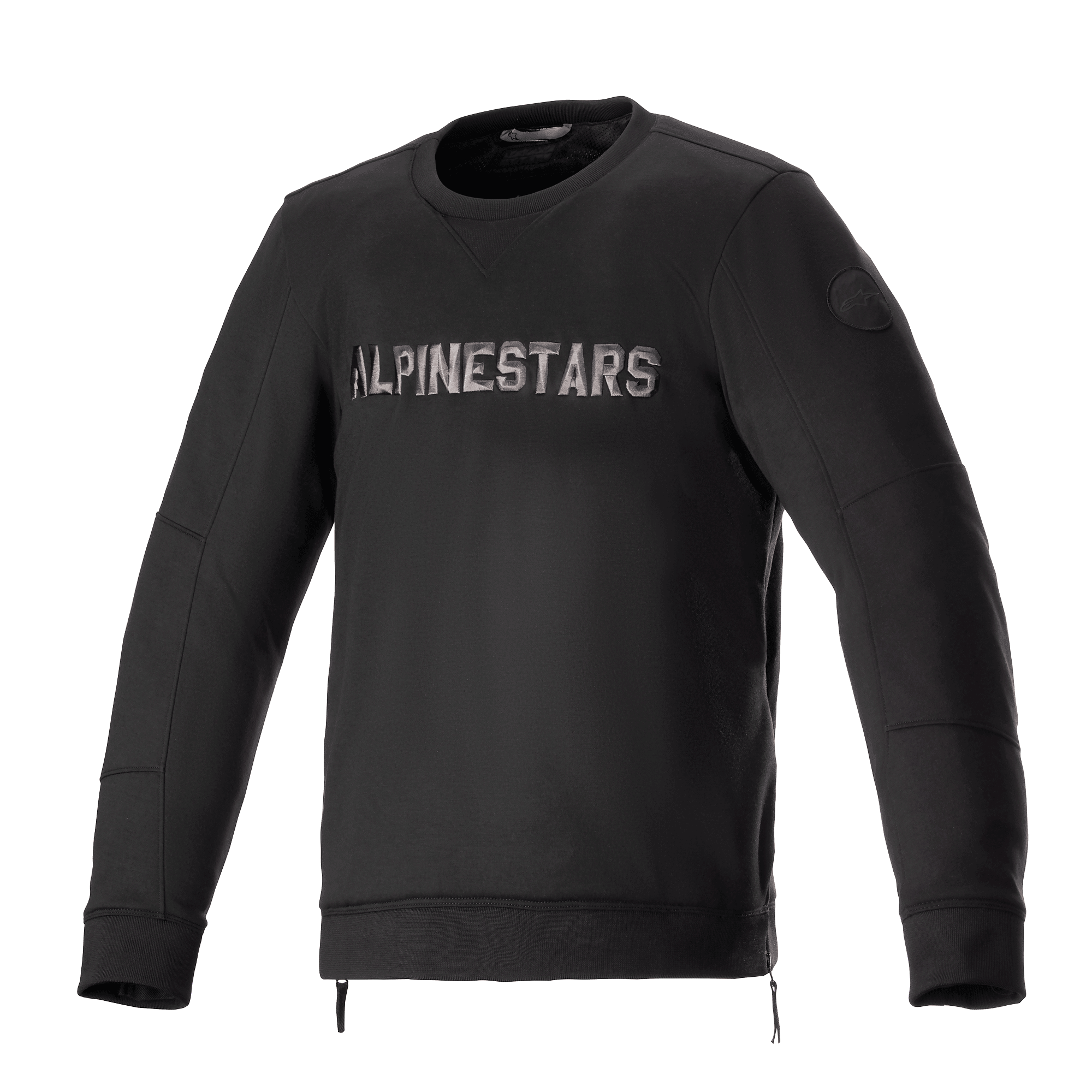 Alpinestars Legit Crew Fleece, Urban Motorcycle Jacket, Black and Cool Gray, Pullover crewneck with metallic chest logo, side zippers, ribbed cuffs and hem, casual riding gear