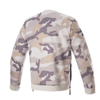 Alpinestars Legit Crew Fleece, Motorrad-Pullover, Light Gray Camo, Rückansicht, Camouflage-Muster in Grau- und Beigetönen, gerippter Kragen und Saum, seitliche Reißverschlüsse, lässige urbane Fahrausrüstung