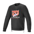 Alpinestars FQ20 Legit Crew Fleece, schwarzes Langarm-Motorrad-Sweatshirt, rote Teufelsnummer '20' und 'El Diablo' Grafik auf der Brust, blau-rotes Logo mit Farbverlauf, seitliche Reißverschlüsse und Rippstrickbündchen, urbane Casual-Fahrausrüstung
