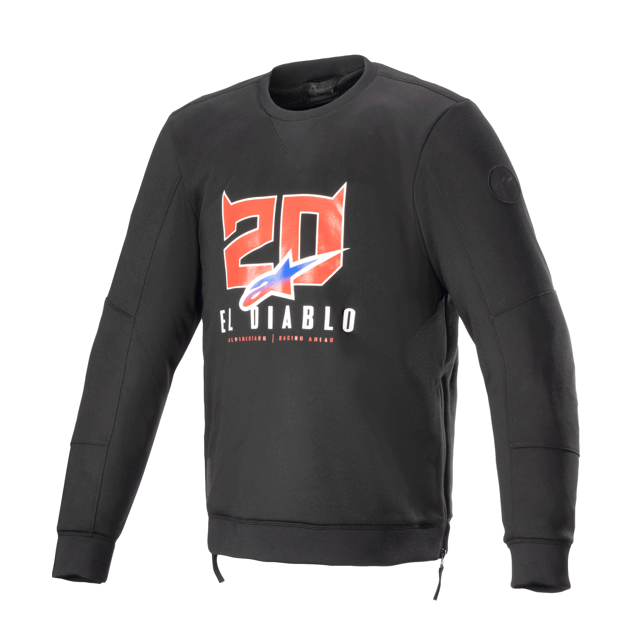 Alpinestars FQ20 Legit Crew Fleece, schwarzes Langarm-Motorrad-Sweatshirt, rote Teufelsnummer '20' und 'El Diablo' Grafik auf der Brust, blau-rotes Logo mit Farbverlauf, seitliche Reißverschlüsse und Rippstrickbündchen, urbane Casual-Fahrausrüstung