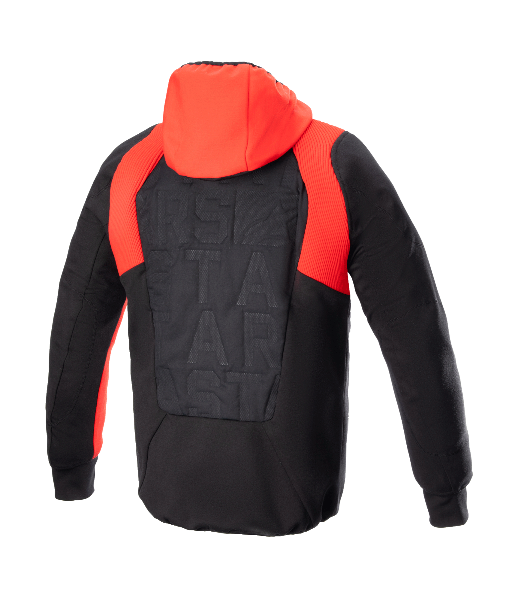 Alpinestars MO.ST.EQ Hybrid Kapuzenjacke, Rückansicht, Schwarz und Flame Red, mit leuchtend roter Kapuze und gerippten Schulterakzenten, nahtlosem gepolstertem Rückenpaneel mit tonalem Branding, urbaner schützender Motorrad-Hoodie