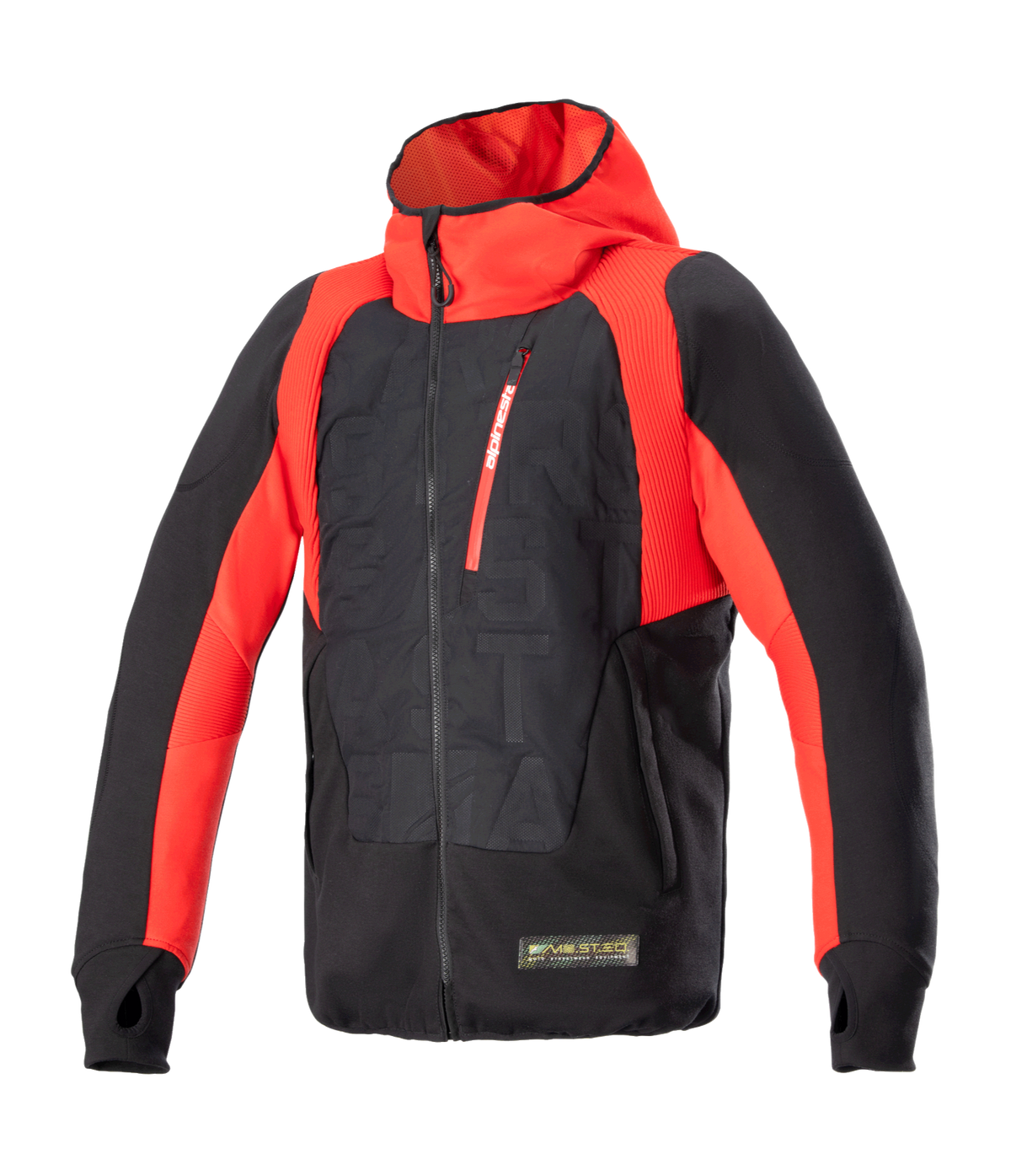Alpinestars MO.ST.EQ Hybrid Kapuzenjacke, technischer Motorrad-Hoodie, Schwarz und Flammrot, schräger Front-Reißverschluss, rote Brusttasche, geprägtes Muster auf dem Torso, Daumenschlaufen, Kombination aus urbaner Streetwear und schützender Fahrausrüstung