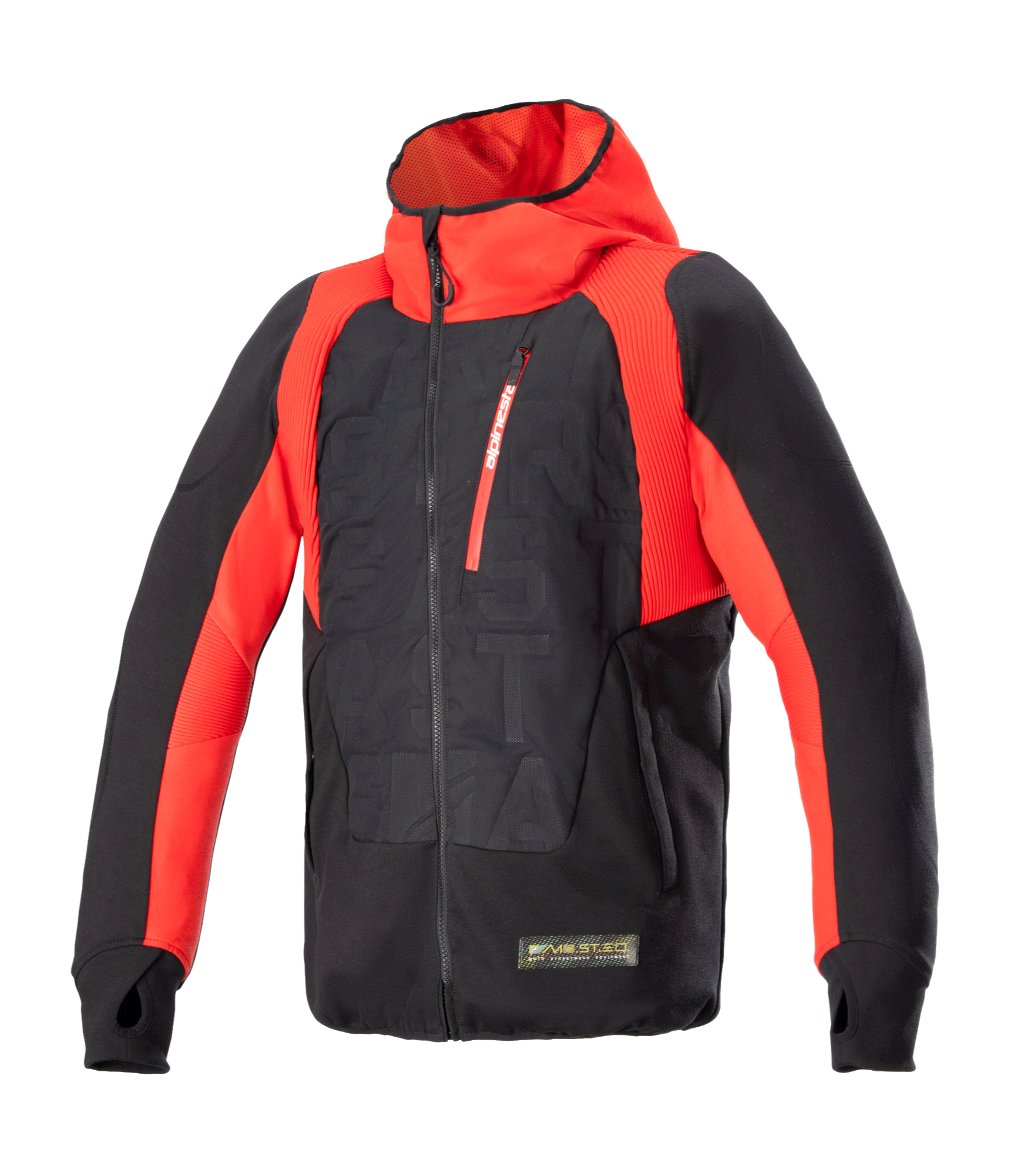 Alpinestars MO.ST.EQ Hybrid Kapuzenjacke, technischer Motorrad-Hoodie, Schwarz und Flammrot, schräger Front-Reißverschluss, rote Brusttasche, geprägtes Muster auf dem Torso, Daumenschlaufen, Kombination aus urbaner Streetwear und schützender Fahrausrüstung