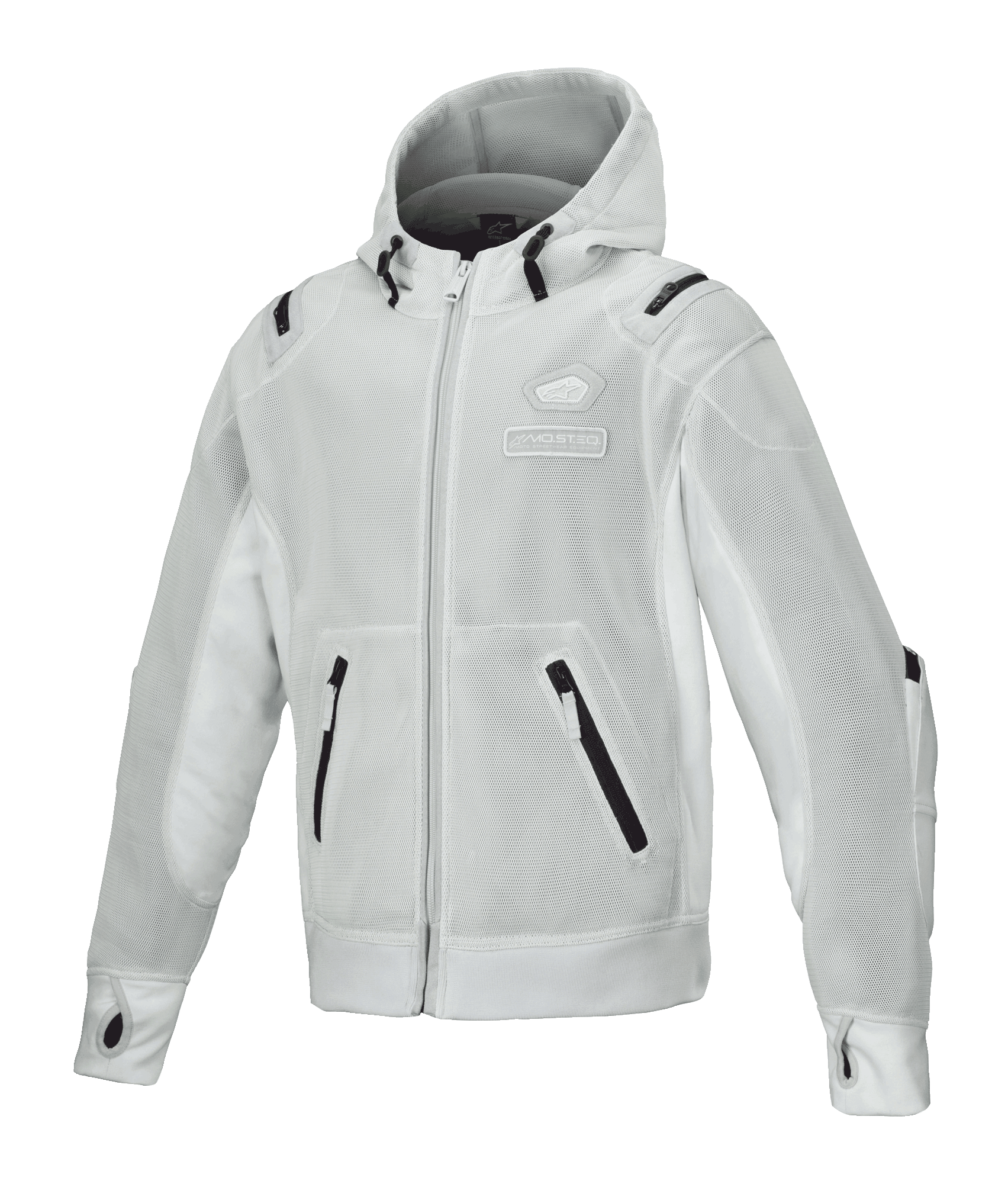 Alpinestars Moflow Air Tech Hoodie, Men's Mesh Motorcycle Jacket, Light Gray with Black Accents, Full Mesh Construction, Zippered Pockets, Thumb Hole Cuffs, Urban Riding Apparel