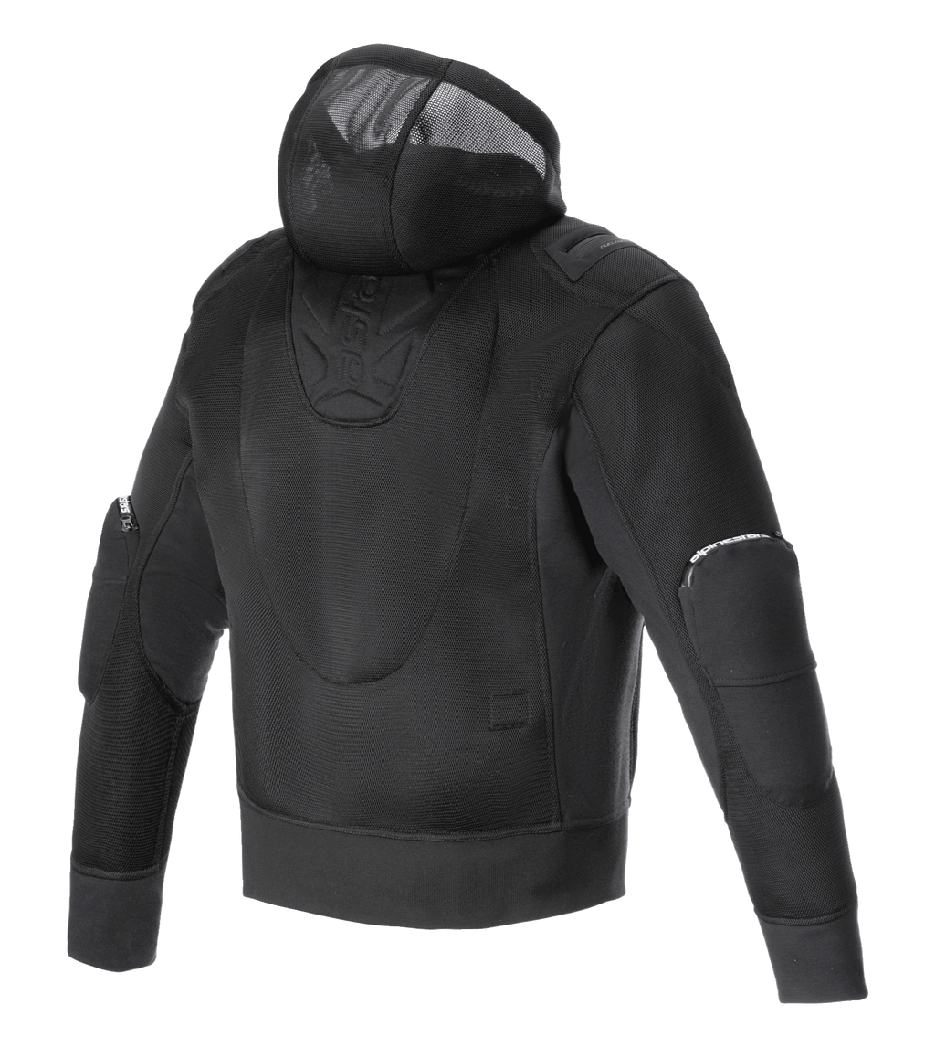 Alpinestars Moflow Air Tech Hoodie, Men's Motorcycle Jacket, Black, rear view featuring full high-density mesh construction, integrated mesh hood, and protective elbow panels, designed for maximum ventilation and urban style.
