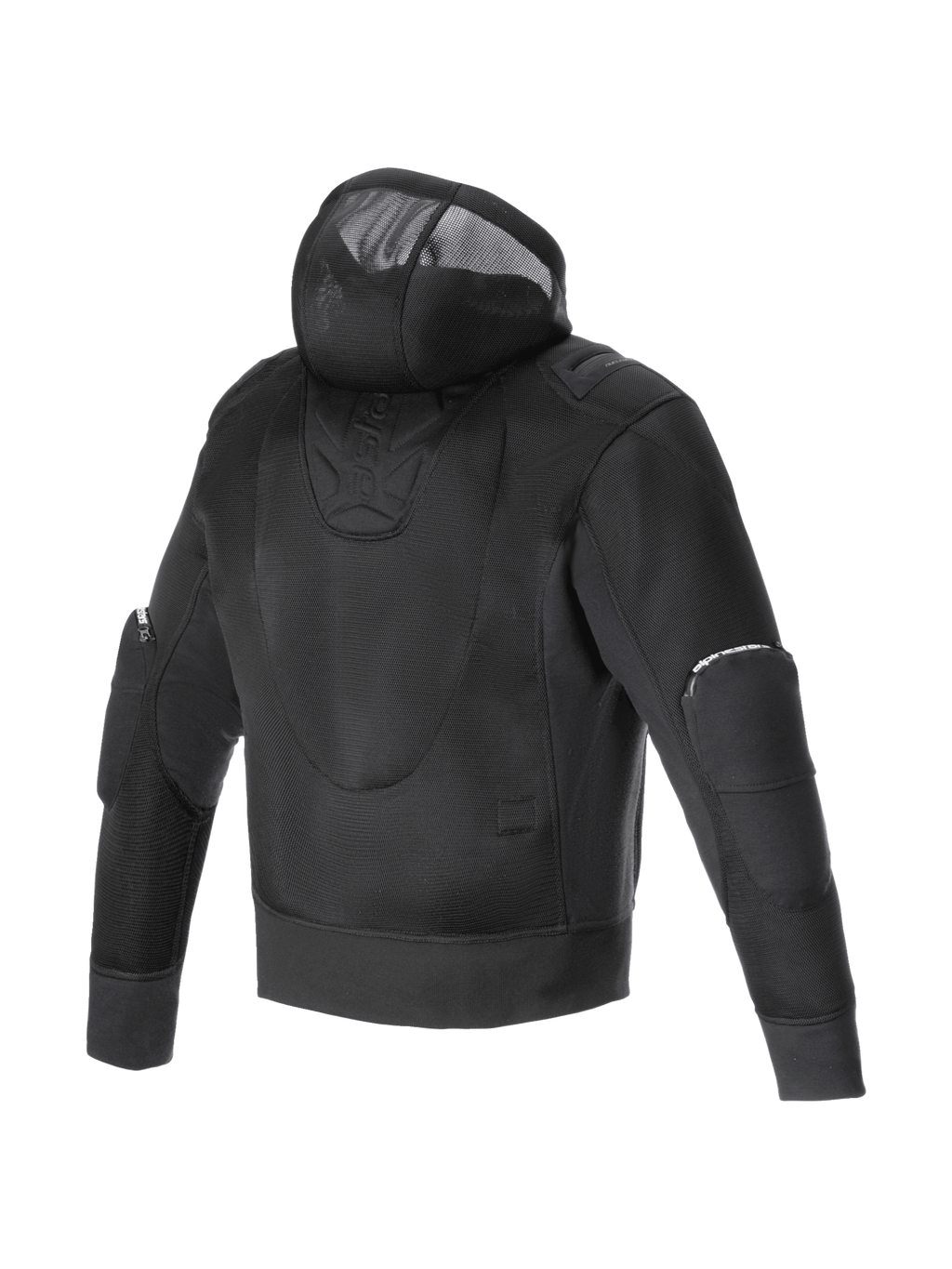 Alpinestars Moflow Air Tech Hoodie, Herren-Motorradjacke in Schwarz, hochdichtes Mesh-Chassis für maximale Belüftung, urbaner Stil mit Kapuze, Rückansicht.