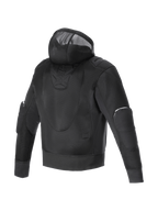 Alpinestars Moflow Air Tech Hoodie, Herren-Motorradjacke in Schwarz, hochdichtes Mesh-Chassis für maximale Belüftung, urbaner Stil mit Kapuze, Rückansicht.