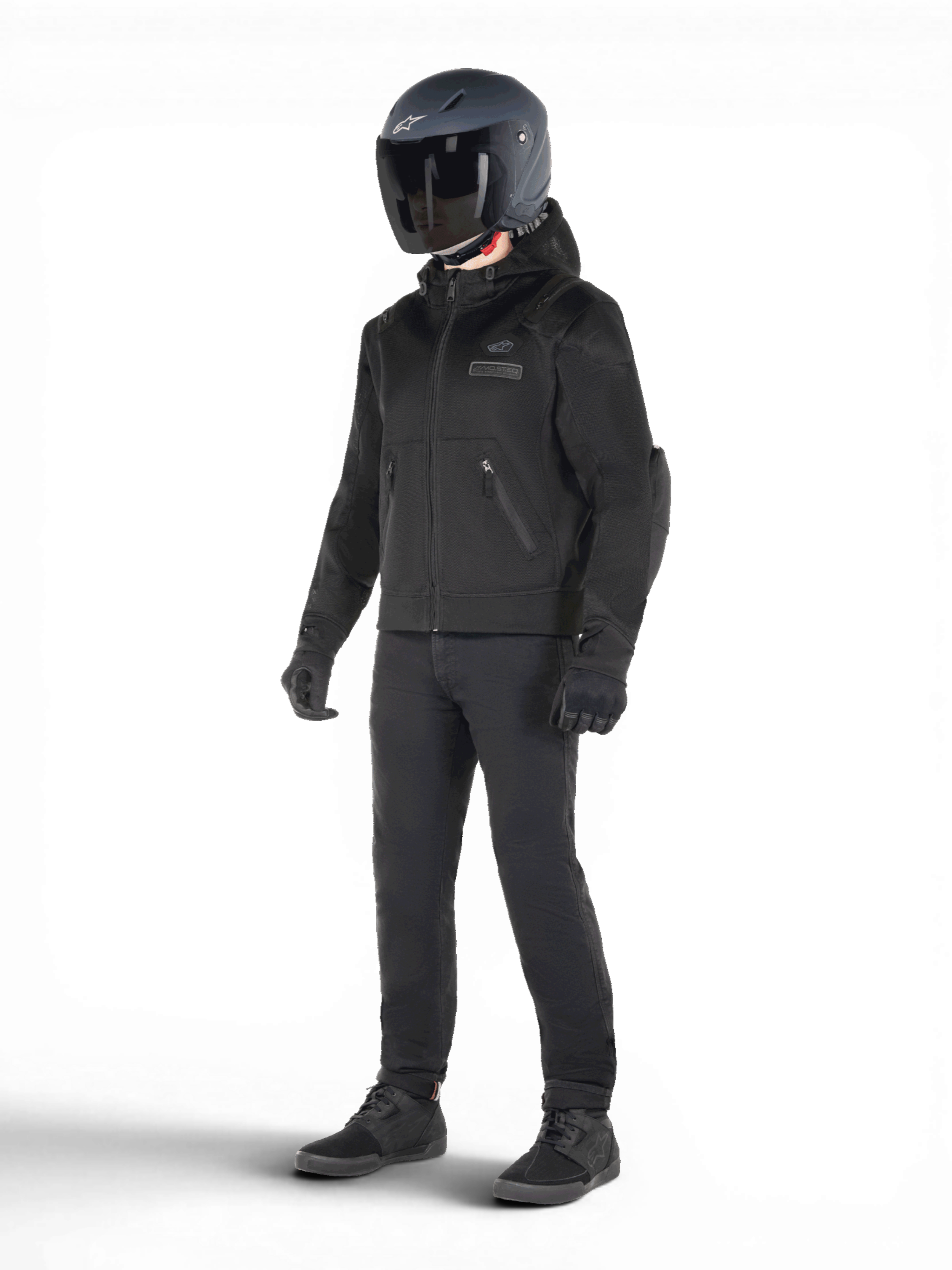 Alpinestars Moflow Air Tech Hoodie, Urban Motorradjacke für Herren, Schwarz, Mesh, Tech-Air 3 Ready, getragen von einem Model.