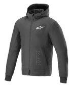 Alpinestars Radium Tech Hoodie, Schwarz-weiße urbane Motorradjacke, weißes Stern-Logo auf der Brust, vertikales Branding, Kapuzendesign mit durchgehendem Reißverschluss, gerippte Bündchen, moderne sportliche Passform