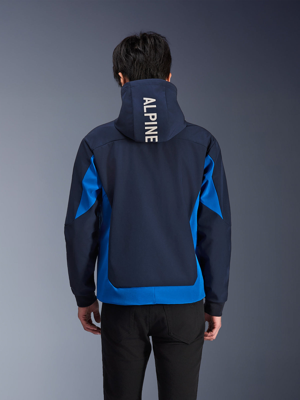 Alpinestars Radium Tech Hoodie, Motorradjacke in Night Navy und Royal Blue, Rückansicht mit weißem 'ALPINE'-Schriftzug auf der Kapuze, urbane Performance-Ausrüstung mit athletischer Passform und kontrastierenden Farbeinsätzen