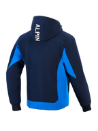 Alpinestars Radium Tech Hoodie, technischer Motorrad-Hoodie, Night Navy und Royal Blue, Rückansicht mit weißem vertikalem „ALPIN“-Schriftzug auf der Kapuze, hellblaue Seiteneinsätze und unterer Saum, gerippte Bündchen, urbanes sportliches Design