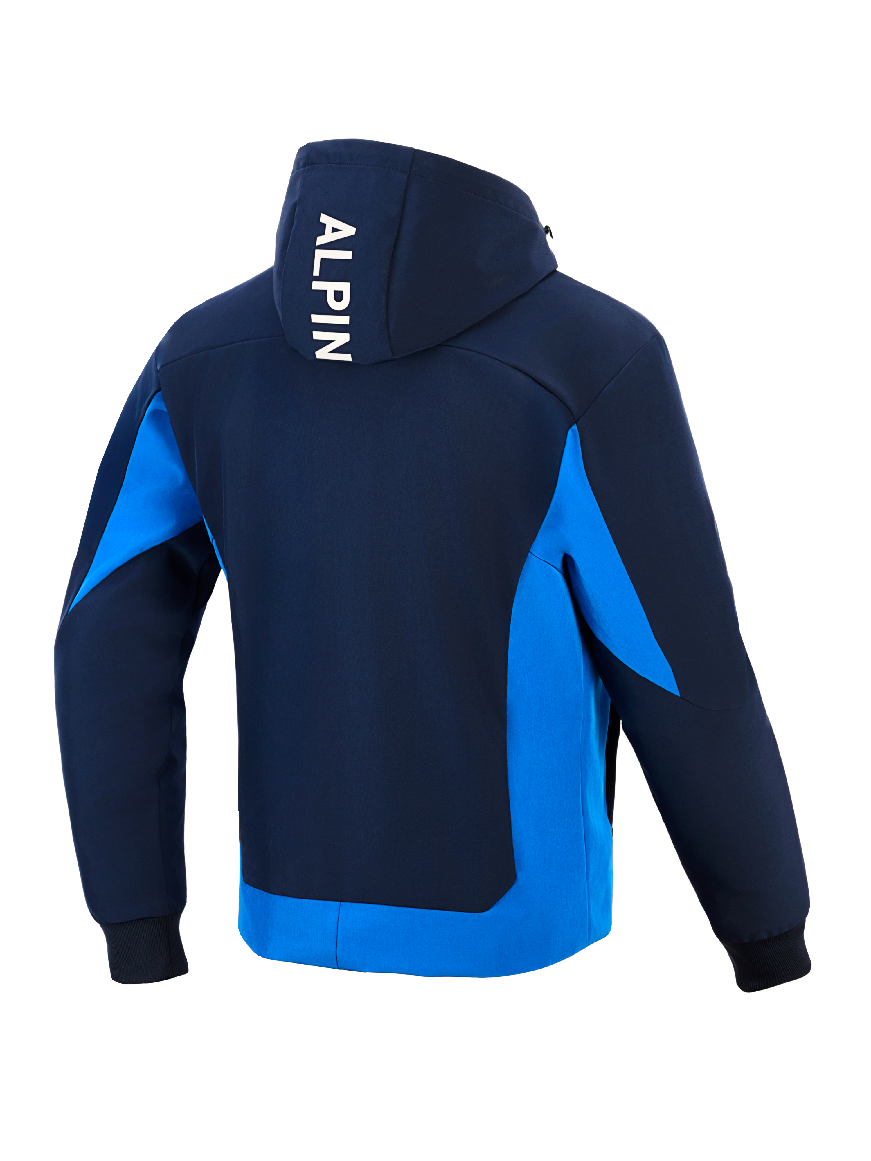 Alpinestars Radium Tech Hoodie, technischer Motorrad-Hoodie, Night Navy und Royal Blue, Rückansicht mit weißem vertikalem „ALPIN“-Schriftzug auf der Kapuze, hellblaue Seiteneinsätze und unterer Saum, gerippte Bündchen, urbanes sportliches Design