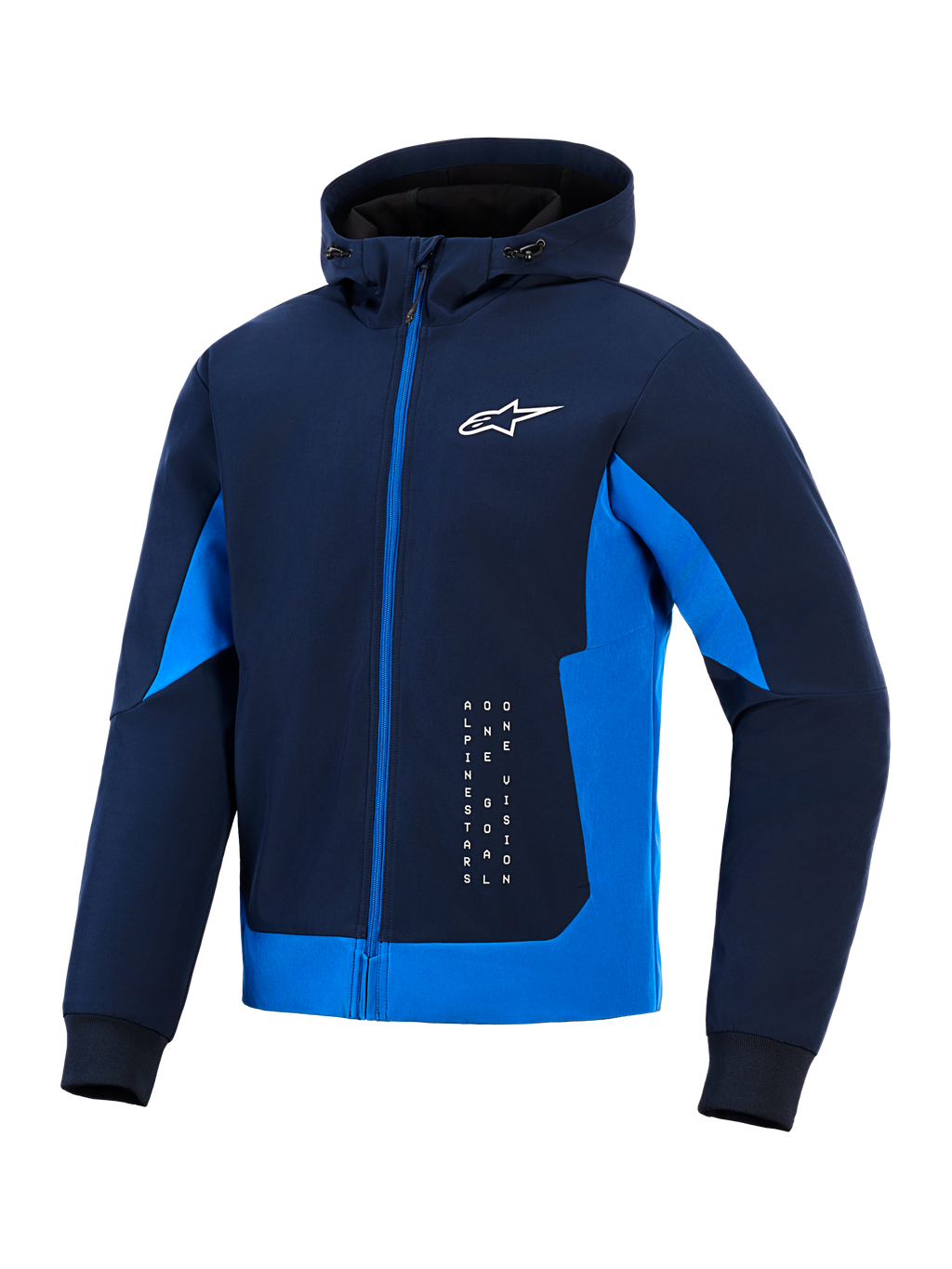 Alpinestars Radium Tech Hoodie, Night Navy und Royal Blue, technischer Shell-Hoodie mit durchgehendem Reißverschluss, weißes Astar-Logo und vertikales Branding, urbane Motorradjacke