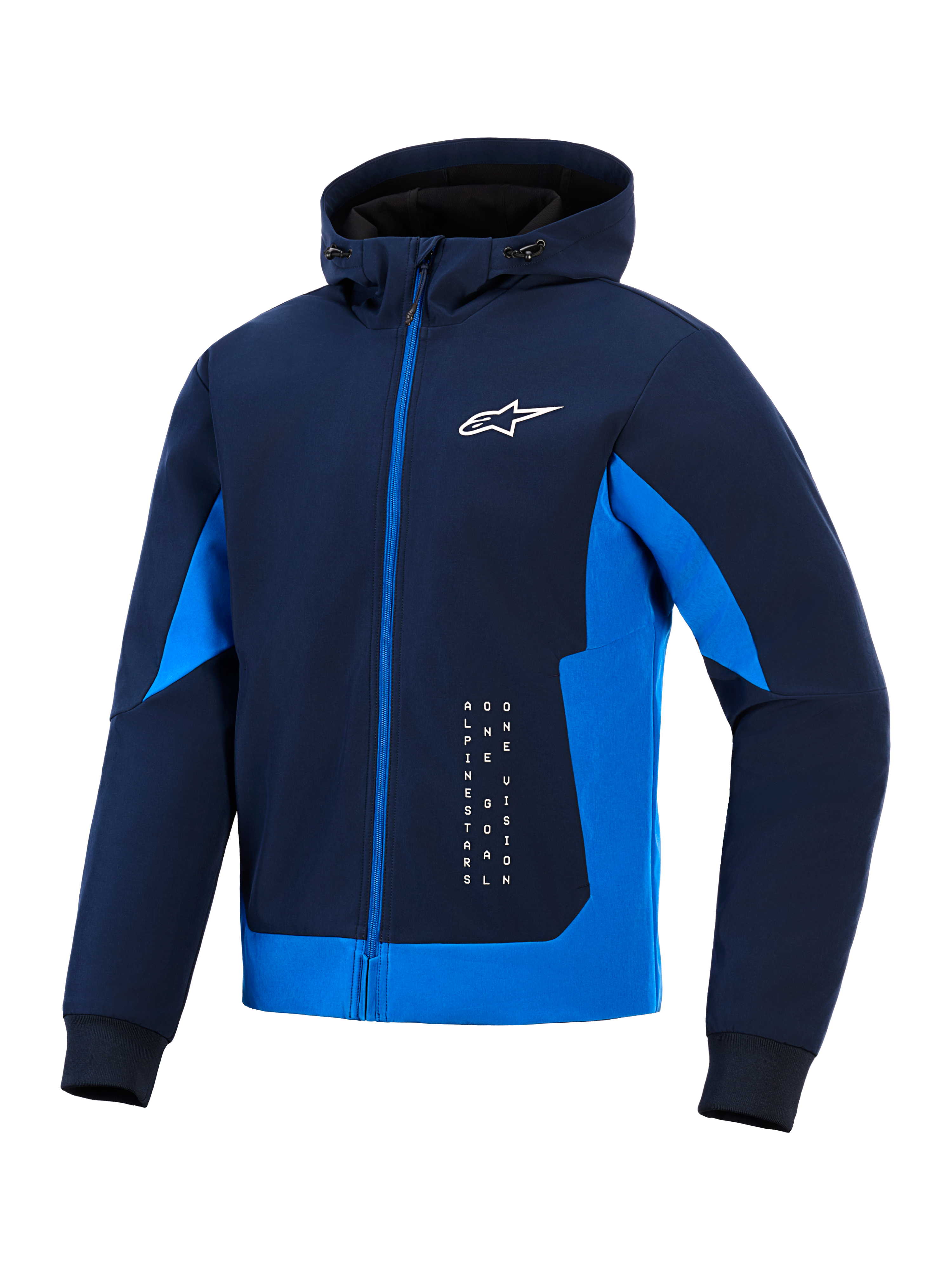 Alpinestars Radium Tech Hoodie, Night Navy und Royal Blue, technischer Shell-Hoodie mit durchgehendem Reißverschluss, weißes Astar-Logo und vertikales Branding, urbane Motorradjacke