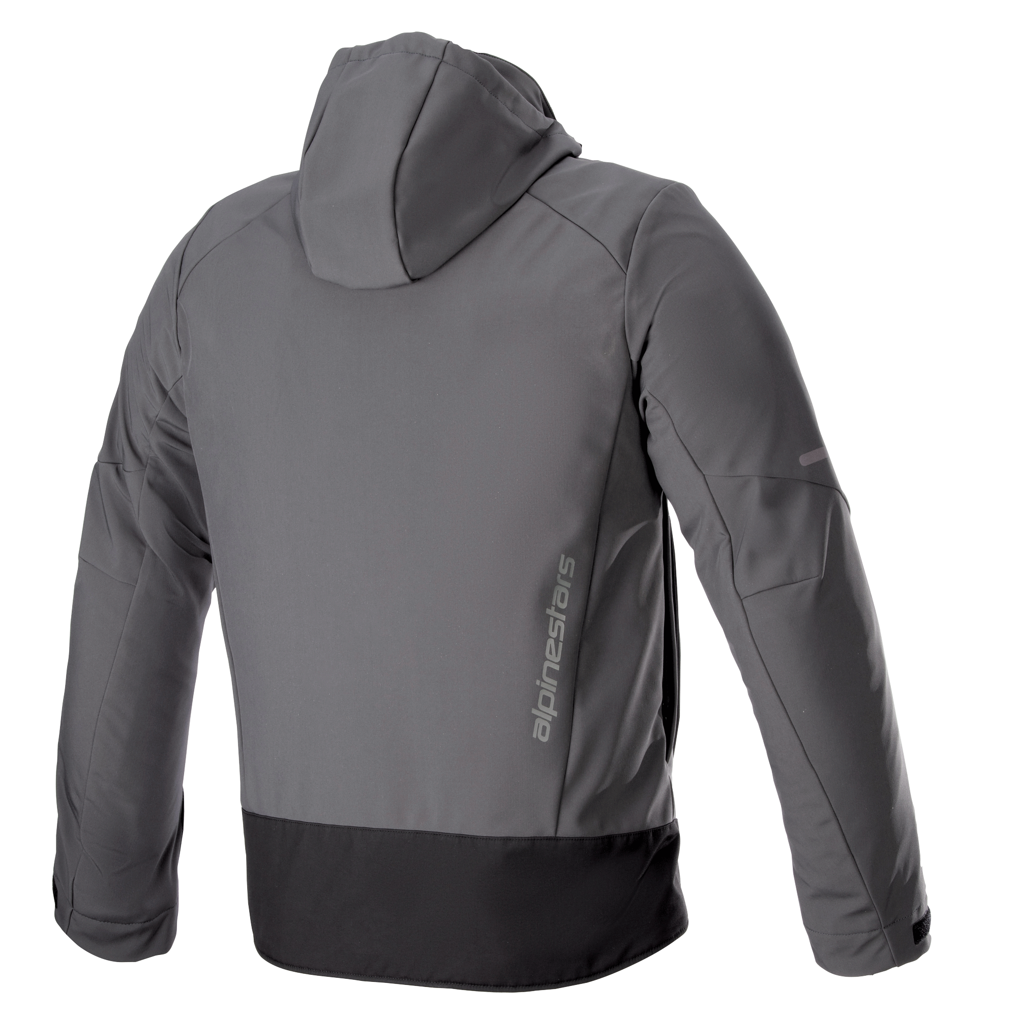 Alpinestars Neo Waterproof Hoodie, technische urbane Motorradjacke, Tar Gray und Schwarz, Rückansicht mit vertikalem Alpinestars-Branding, abnehmbare Kapuze, wasserdichte Softshell-Konstruktion mit schwarzem Saumpaneel.