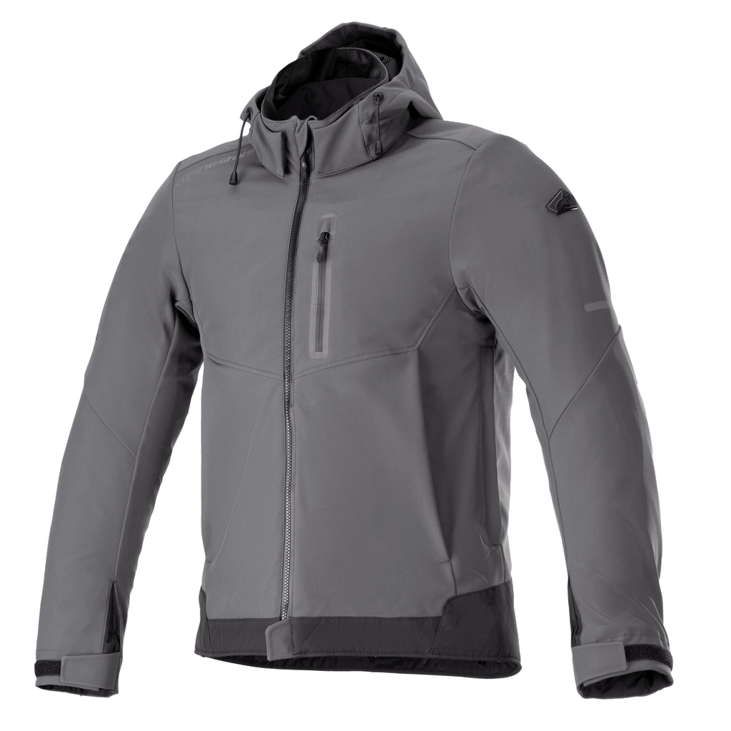 Alpinestars Neo Waterproof Hoodie, Urbane Motorradjacke, Tar-Grau und Schwarz, Kapuzenjacke mit Front-Reißverschluss und Brusttasche, verstellbare Klettverschlüsse an den Bündchen, technisches wetterbeständiges Softshell, modernes elegantes Design