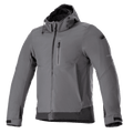 Alpinestars Neo Waterproof Hoodie, Urbane Motorradjacke, Tar-Grau und Schwarz, Kapuzenjacke mit Front-Reißverschluss und Brusttasche, verstellbare Klettverschlüsse an den Bündchen, technisches wetterbeständiges Softshell, modernes elegantes Design
