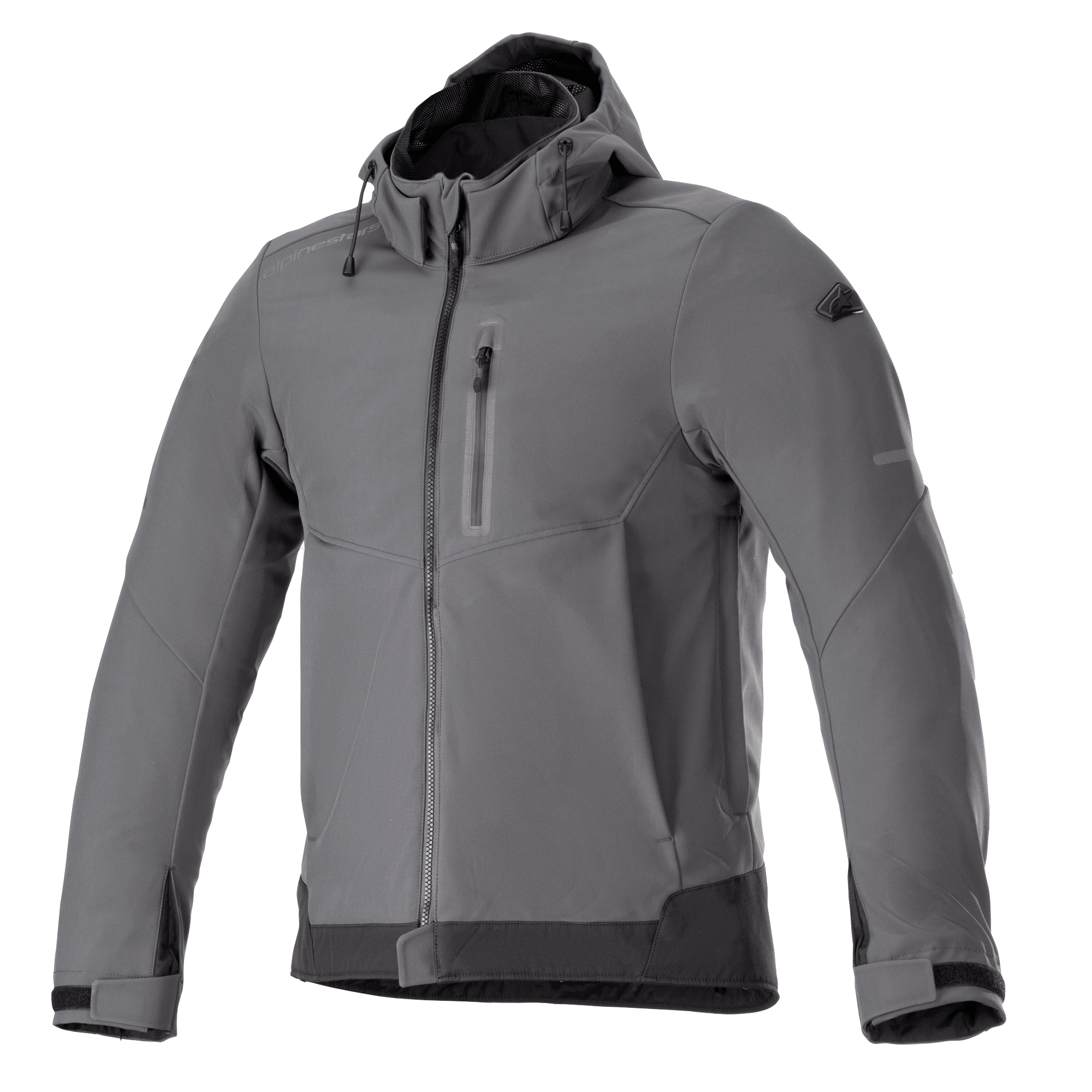 Alpinestars Neo Waterproof Hoodie, Urbane Motorradjacke, Tar-Grau und Schwarz, Kapuzenjacke mit Front-Reißverschluss und Brusttasche, verstellbare Klettverschlüsse an den Bündchen, technisches wetterbeständiges Softshell, modernes elegantes Design