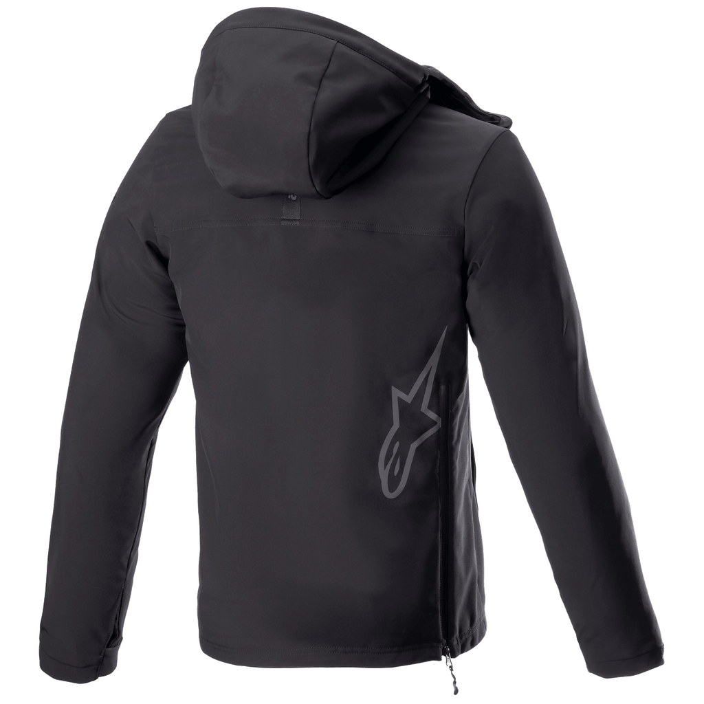 Alpinestars Sherpa Hoodie, Urban Motorcycle Hoodie Jacket, Black Reflex, rear view featuring a large reflective Alpinestars star logo on the lower back, side zipper closure, and hood, windproof softshell design.