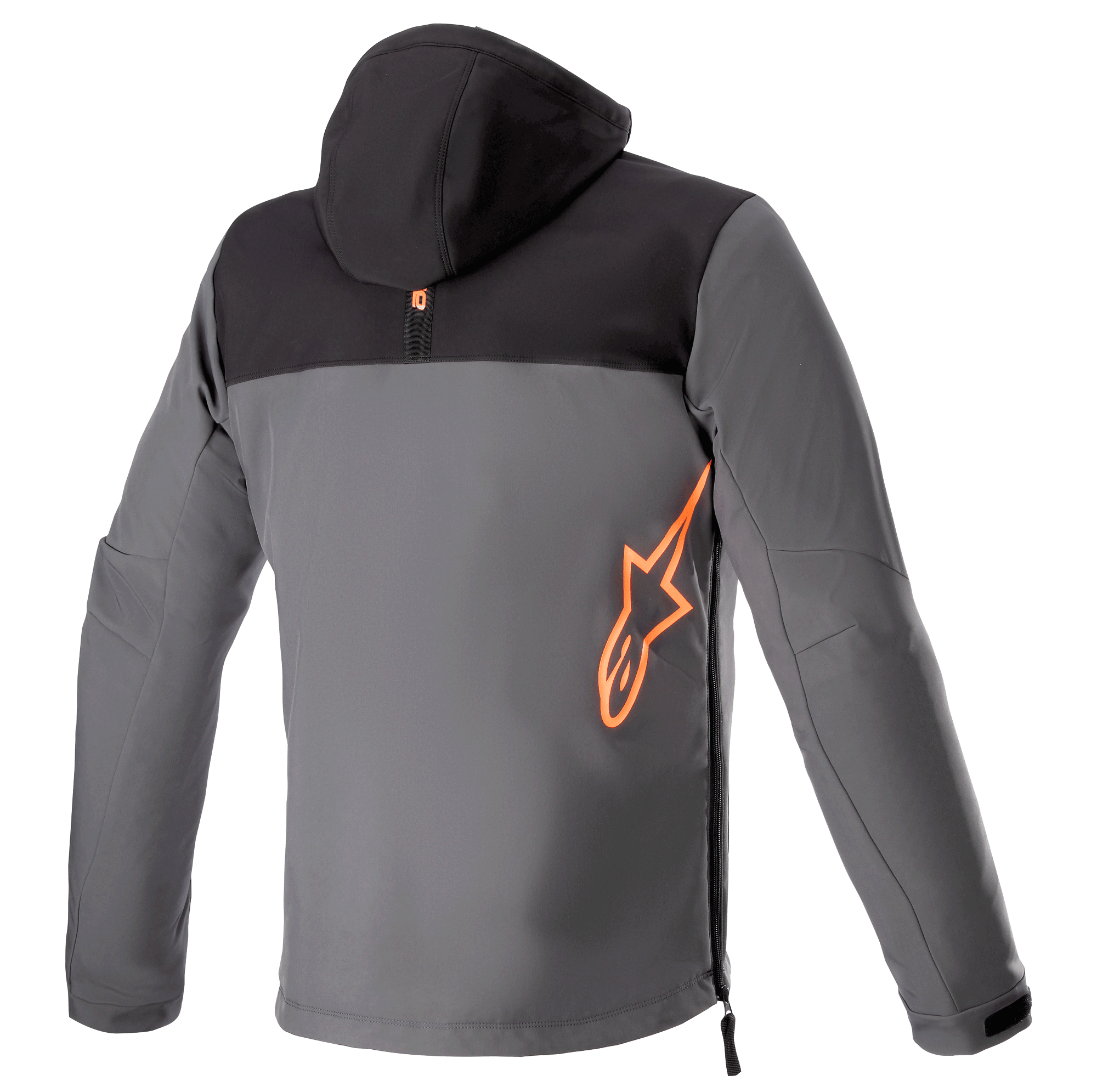 Alpinestars Sherpa Hoodie, Rückansicht, technische Motorradjacke in Schwarz und Grau, großes fluoreszierendes orangefarbenes Alpinestars-Logo auf dem unteren Rücken, seitlicher Reißverschluss, urbane Softshell-Motorradbekleidung