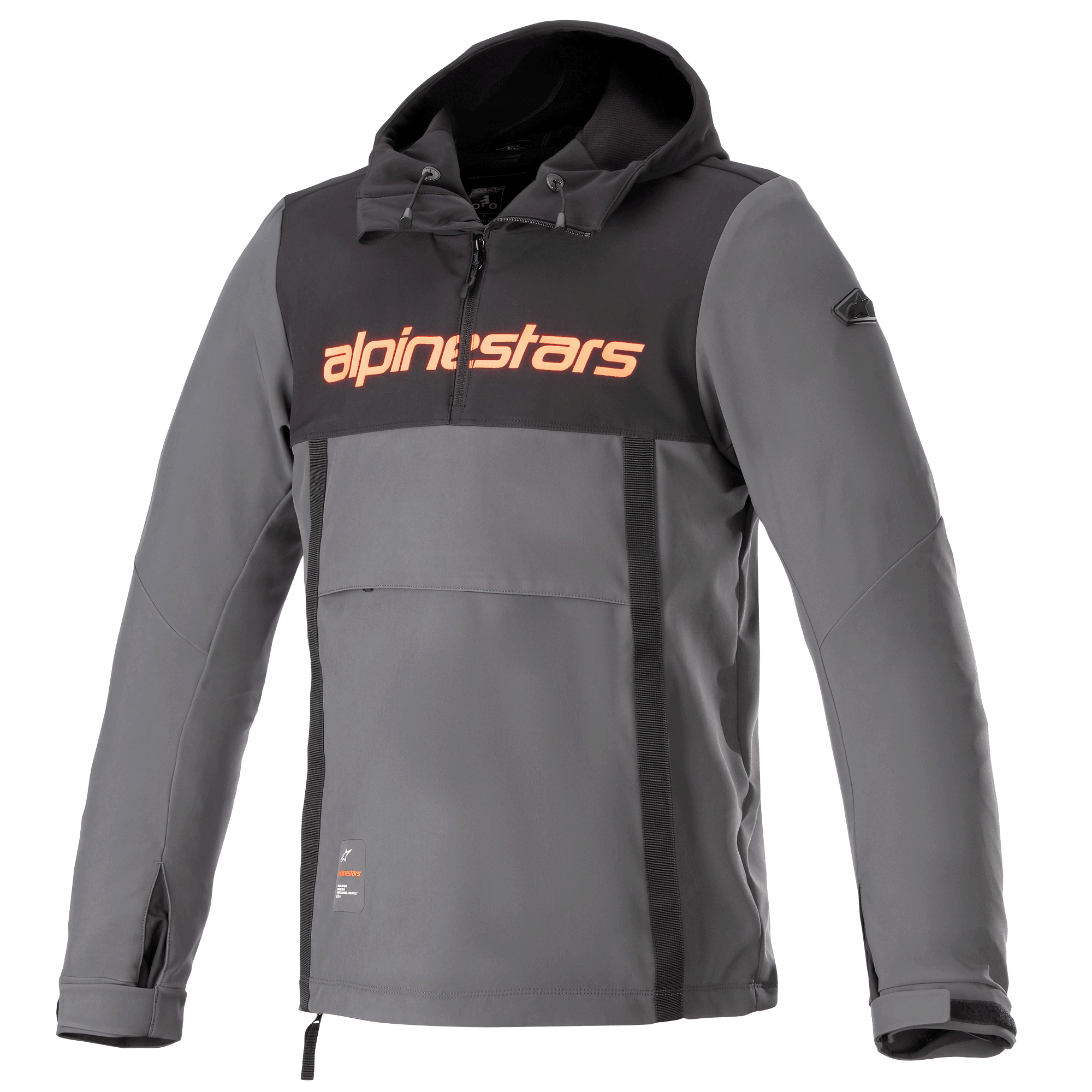 Alpinestars Sherpa Hoodie, technische urbane Motorradjacke, Grau mit schwarzem Brustpanel und orangefarbenem Logo, Anorak-Stil mit Fronttasche und verstellbaren Manschetten, winddichtes Softshell-Design