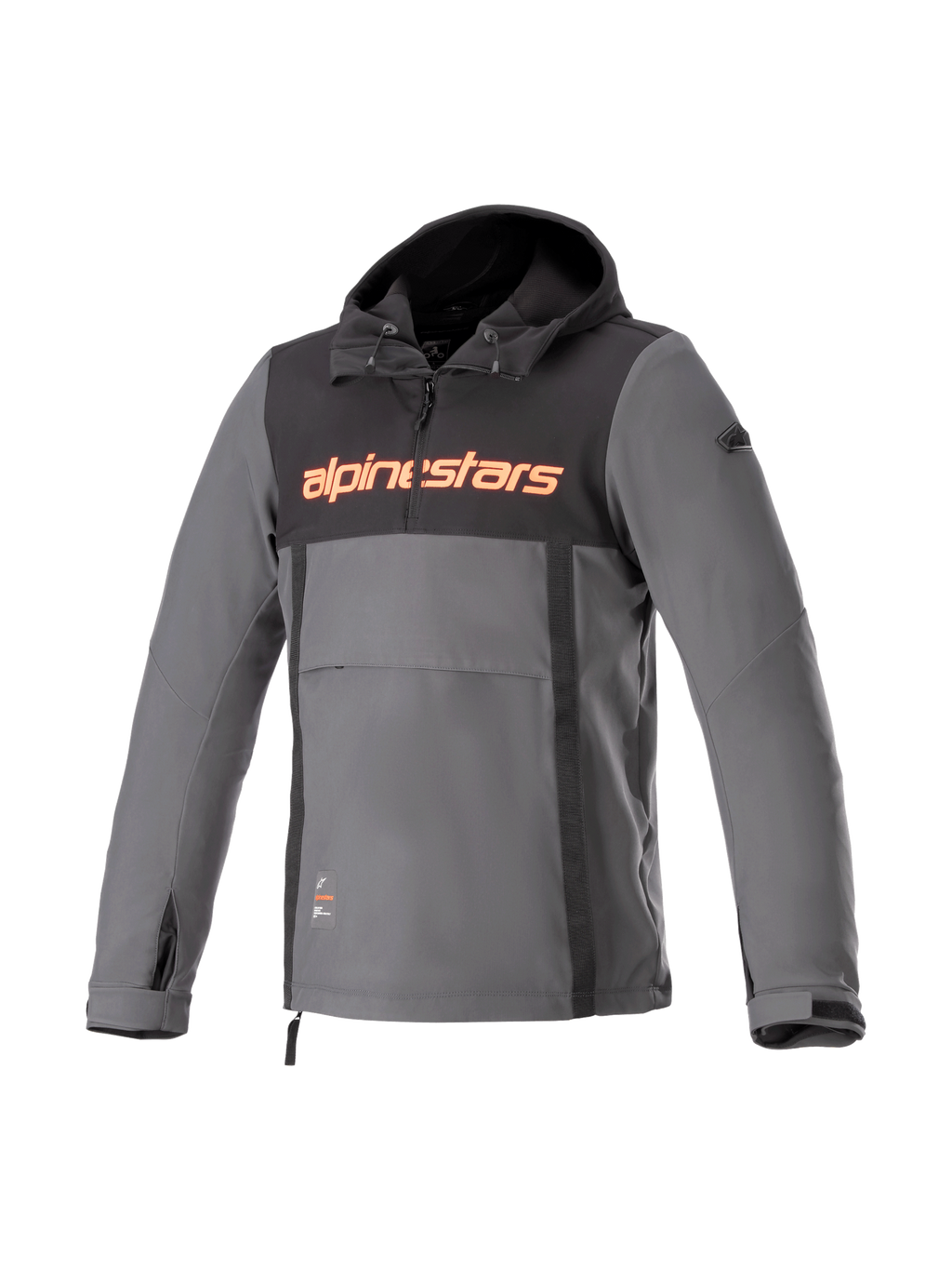 Alpinestars Sherpa Kapuzenjacke, urbaner Motorradanorak, Grau und Schwarz, winddichtes Softshell mit rotem Logo.