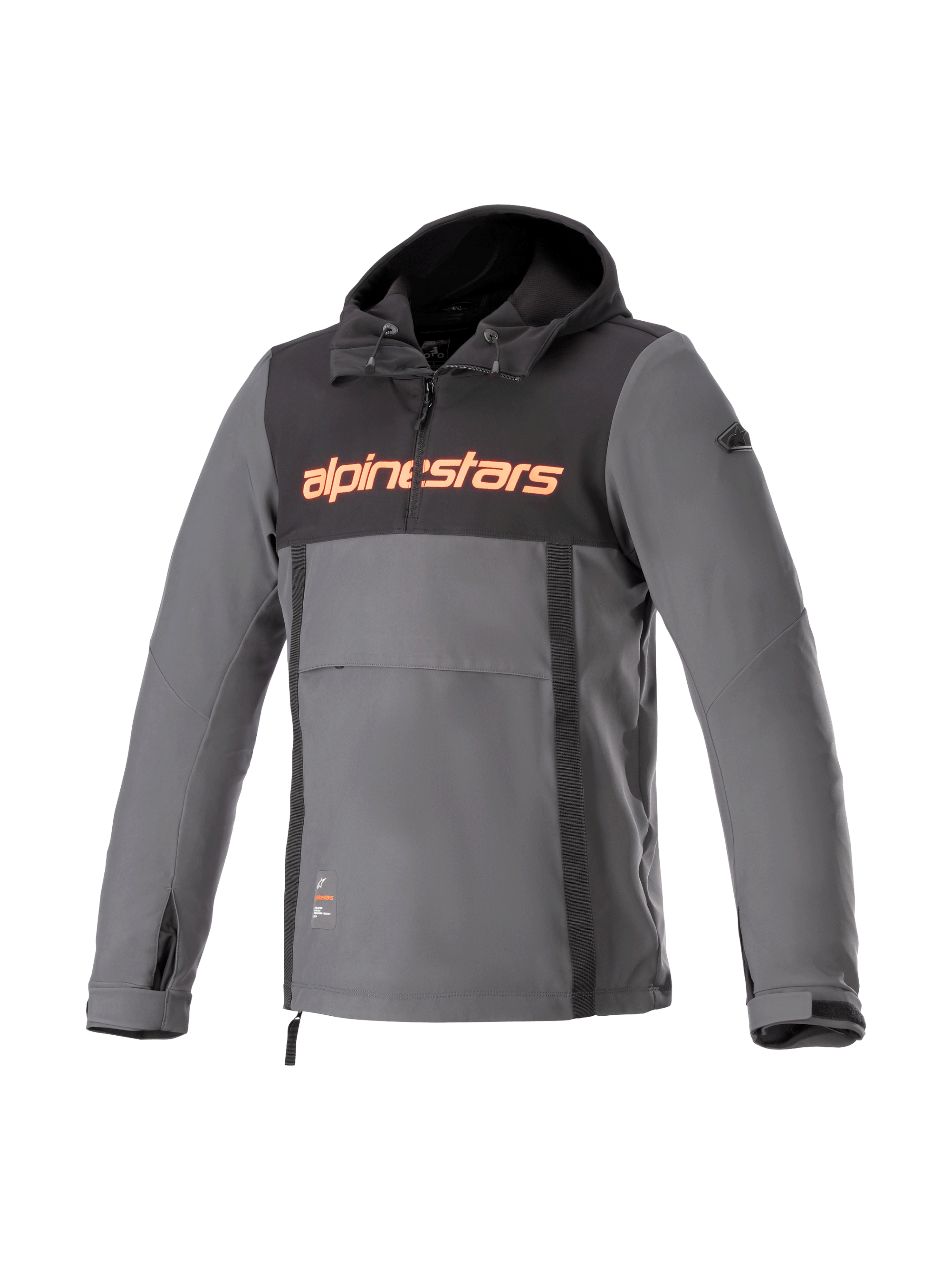 Alpinestars Sherpa Kapuzenjacke, urbaner Motorradanorak, Grau und Schwarz, winddichtes Softshell mit rotem Logo.