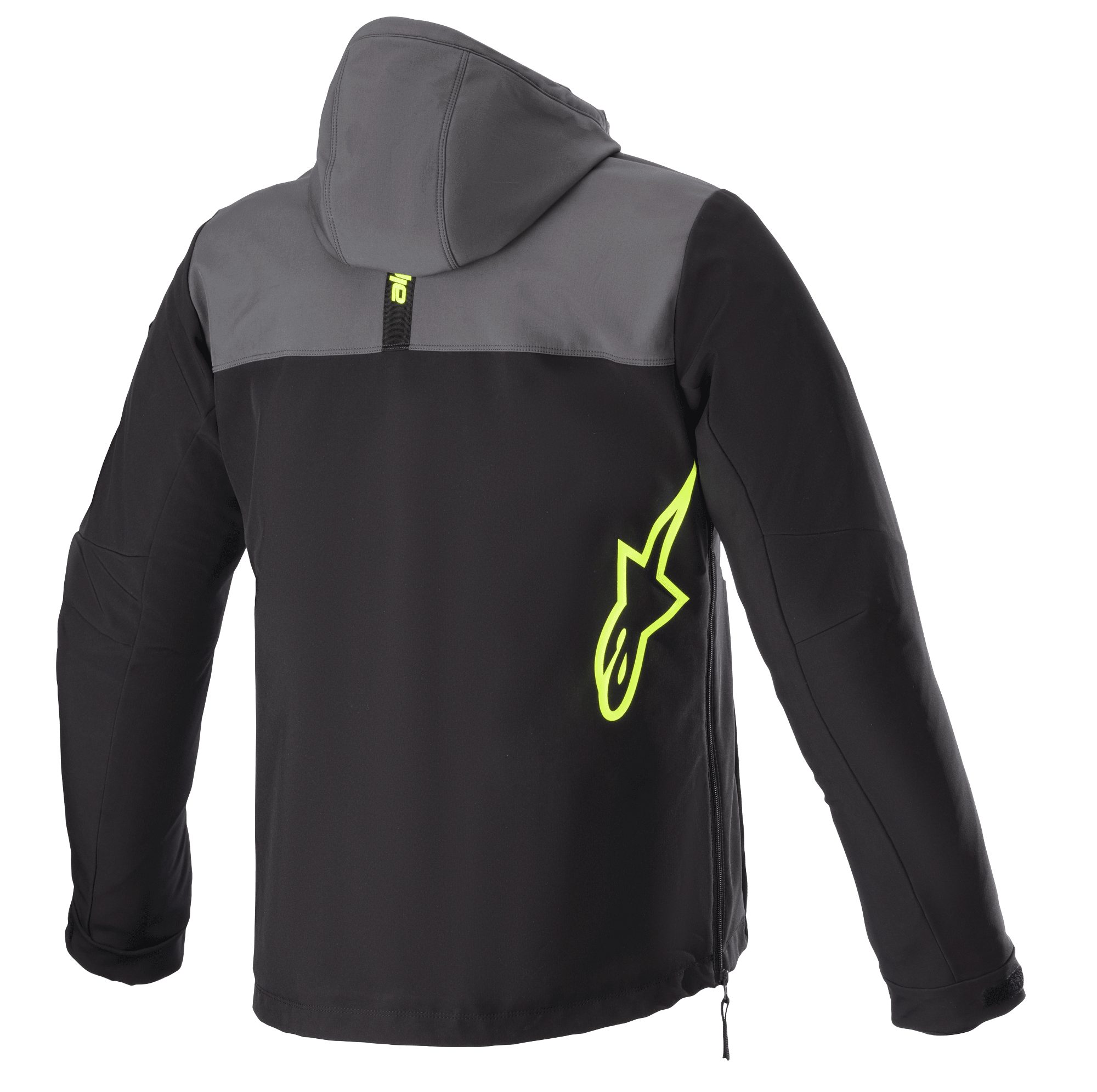 Alpinestars Sherpa Hoodie, Rückansicht, Tar Gray und Schwarz mit Yellow Fluo Akzenten, neongelbes Stern-Logo an der Seite, Softshell-Motorradjacke mit Kapuze, seitliches Reißverschluss-Detail, Urban-Commuting-Bekleidung