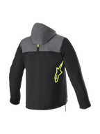 Alpinestars Sherpa Kapuzenjacke, Urban Motorradjacke für Herren, Rückansicht, Schwarz und Teer Grau mit Gelb Fluo Logo, winddichte Softshell-Konstruktion