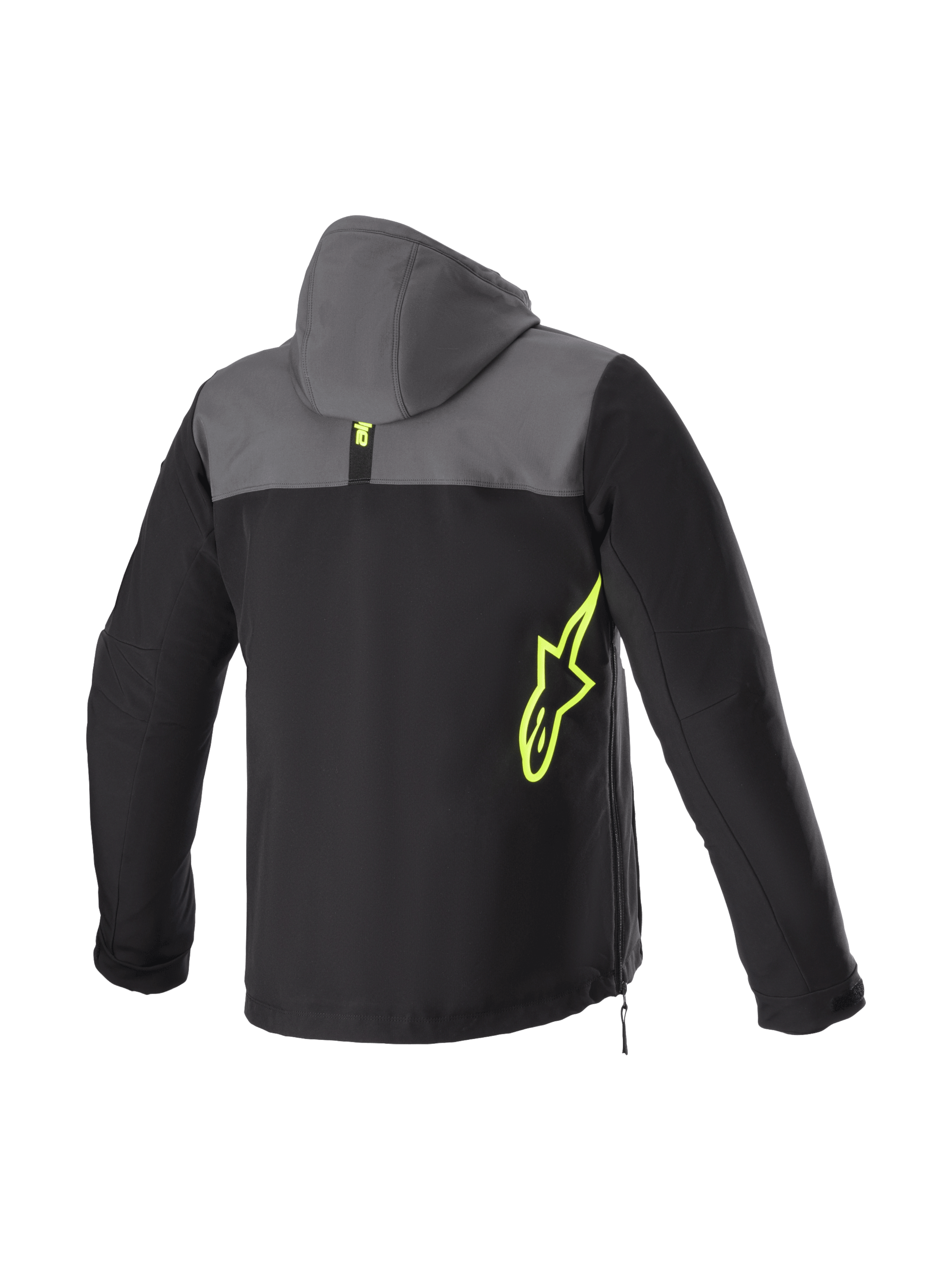 Alpinestars Sherpa Kapuzenjacke, Urban Motorradjacke für Herren, Rückansicht, Schwarz und Teer Grau mit Gelb Fluo Logo, winddichte Softshell-Konstruktion