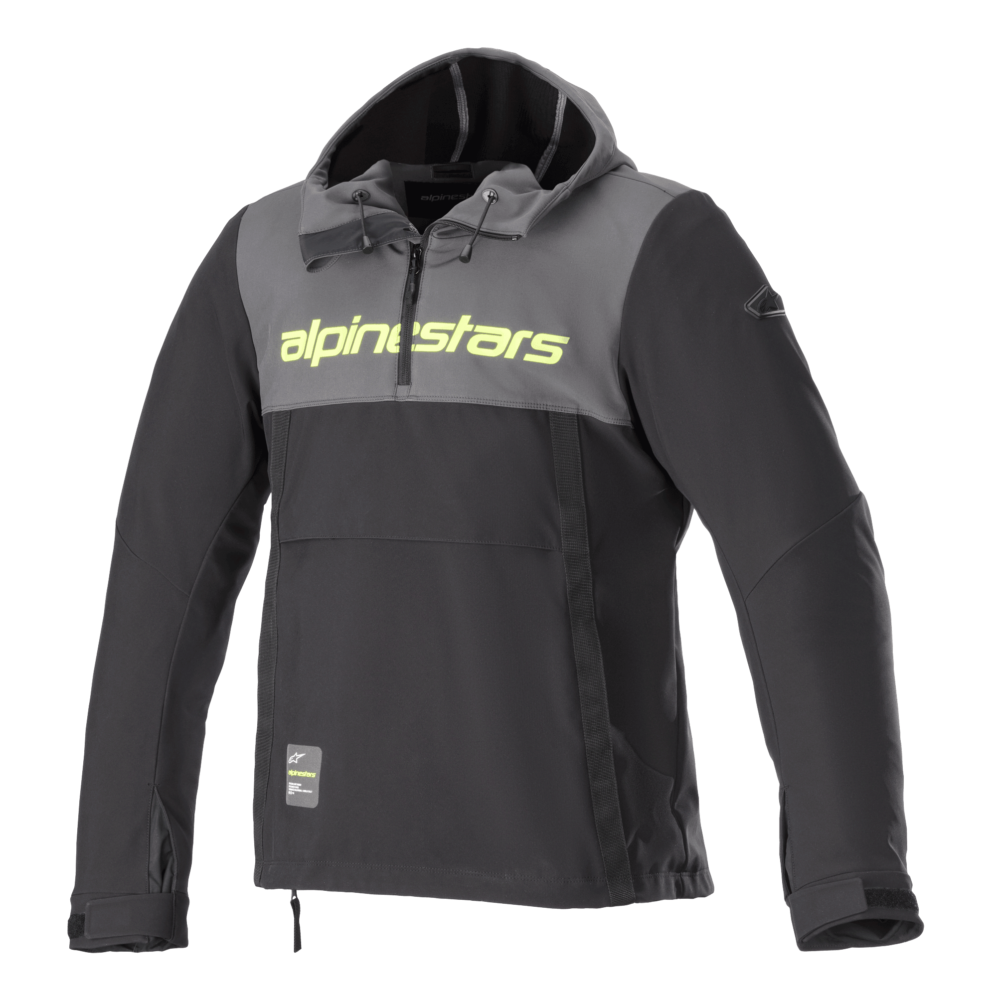 Alpinestars Sherpa Hoodie, technischer Motorrad-Hoodie, Tar-Grau und Schwarz, neongelber Schriftzug auf der Brust, Anorak-Stil mit Kapuze und Viertel-Reißverschluss, Softshell-Urban-Fahrjacke
